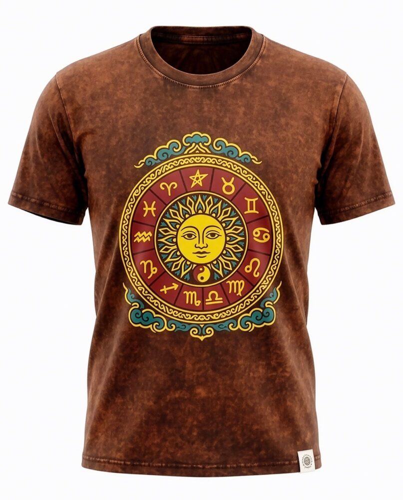 Nomad Sari Stonewashed Cotton T-Shirt - Sun & Zodiac - Brown - Large