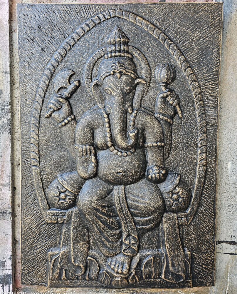Large Ganpati Iron Frame Antique Gold Relief- 0.7x1m
