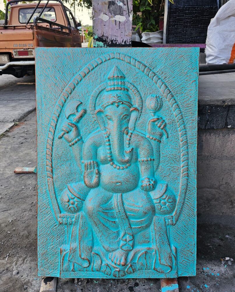 Large Ganpati Iron Frame Turquoise Relief - 0.7x1m