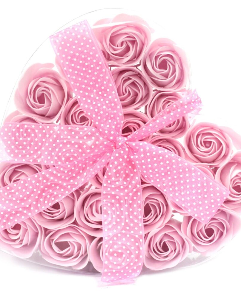 Set of 24 Soap Flower Heart Box - Pink Roses