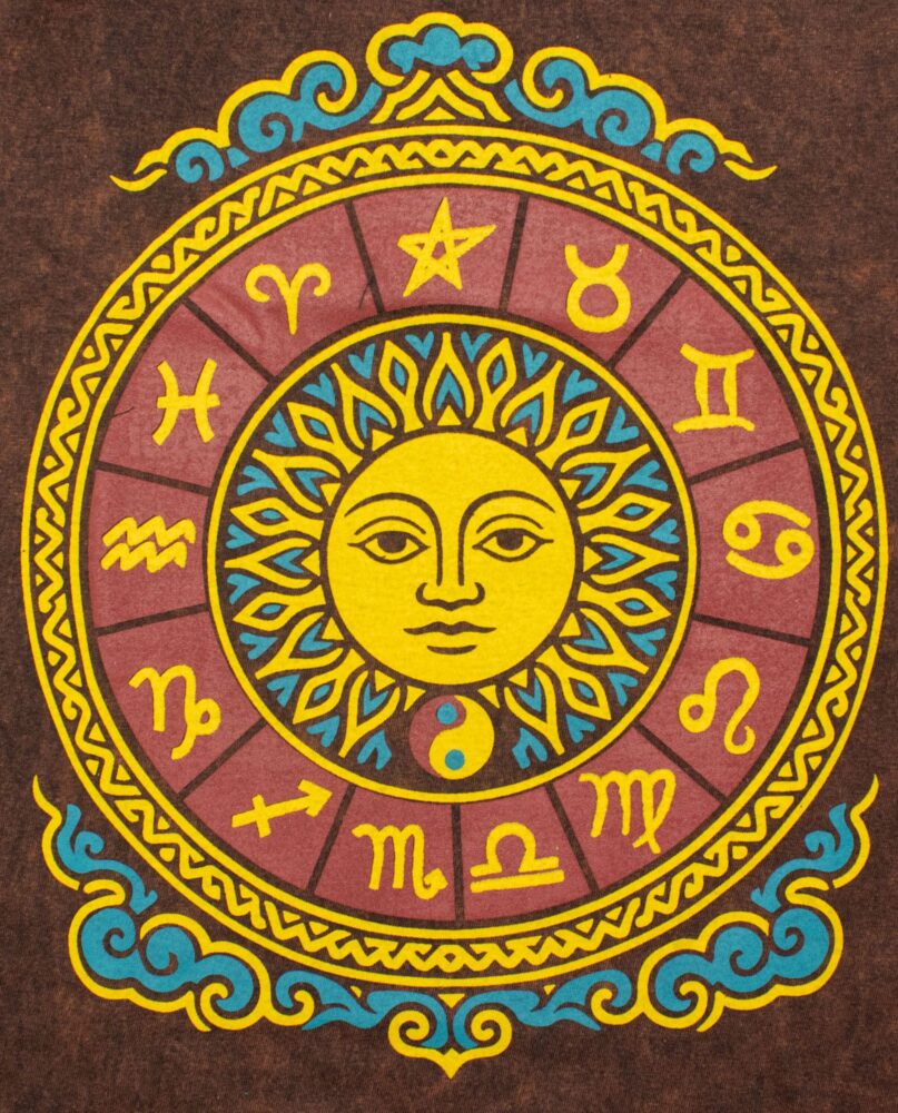 Nomad Sari Stonewashed Cotton T-Shirt - Sun & Zodiac - Brown - XL