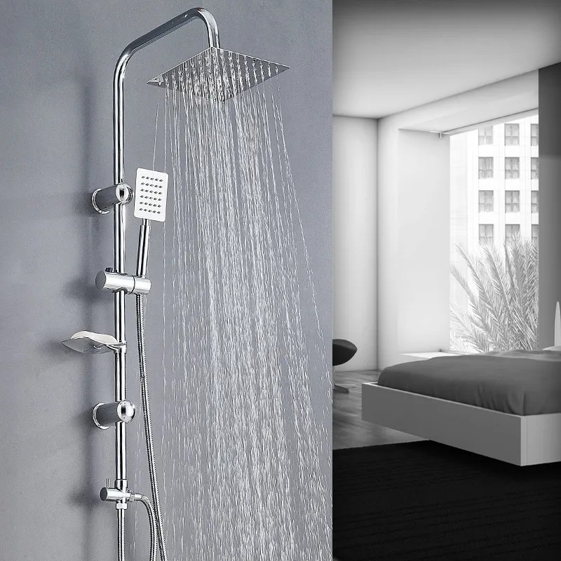 Bathroom Shower Kit Twin Head  Square Fixed Head Riser Rail Bath Mixer Tap Set