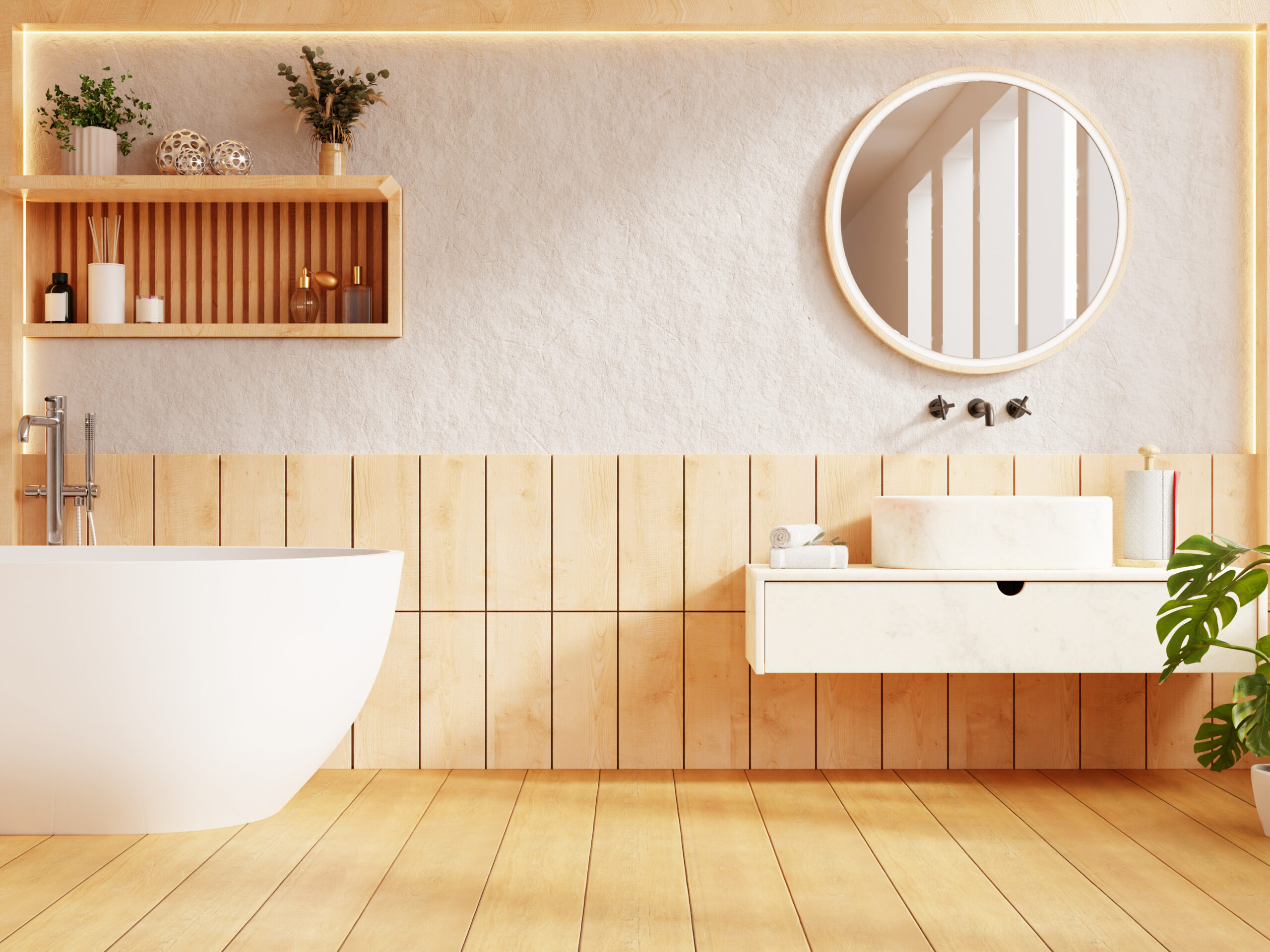Bathroom interior with a warm and inviting ambiance features a s
