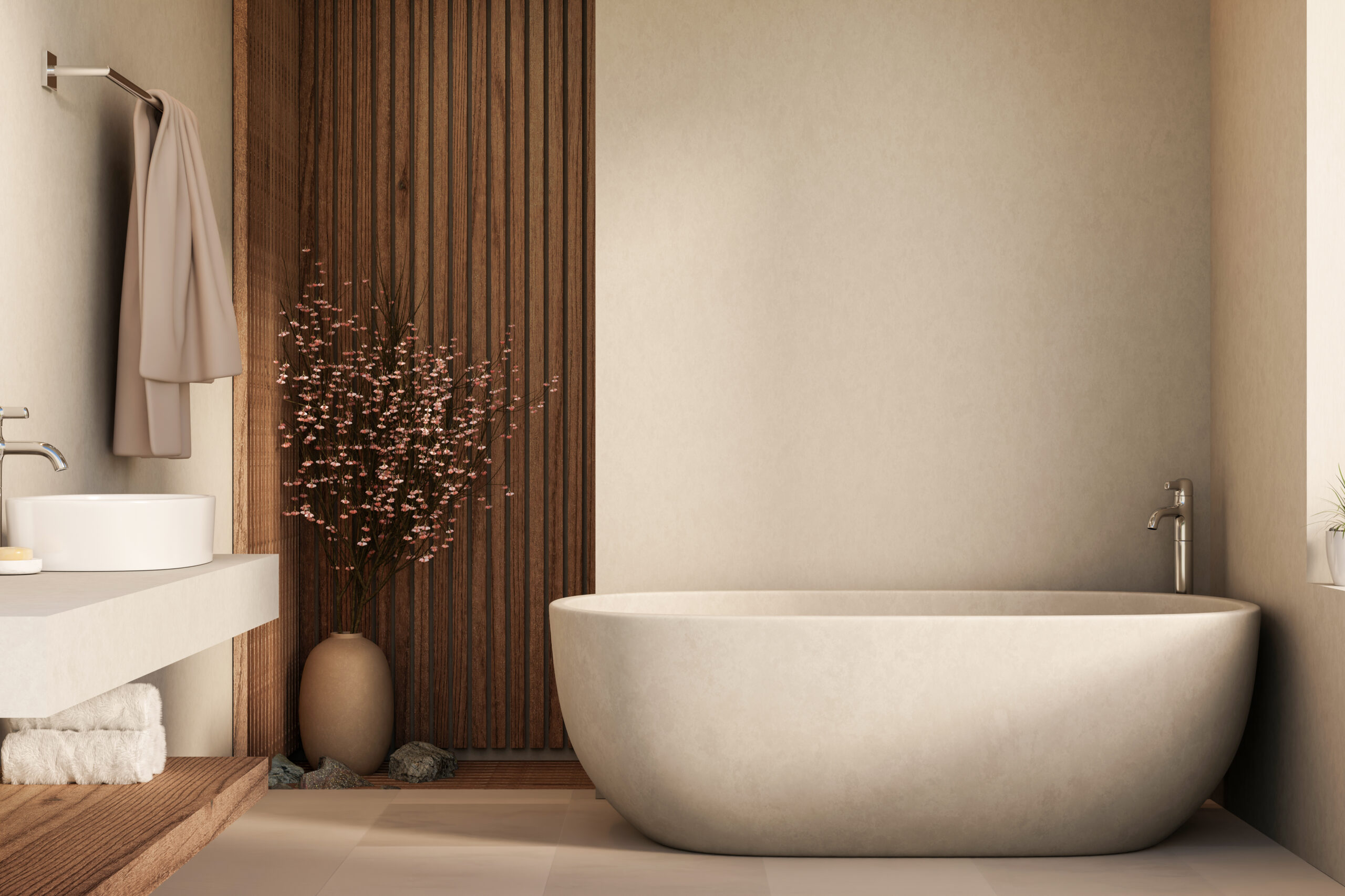 White tub with silver tap on tiles floor aside flower vase and sink counter in cosy modern bathroom. Interior Mockup, 3D Rendering, 3D illustration.