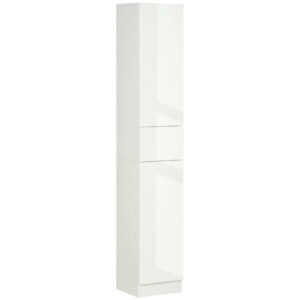 Kleankin Luxury Tall Bathroom Cabinet With High Gloss Panel, Sleek White Bathroom Cabinet With Push-to-Open Door, White