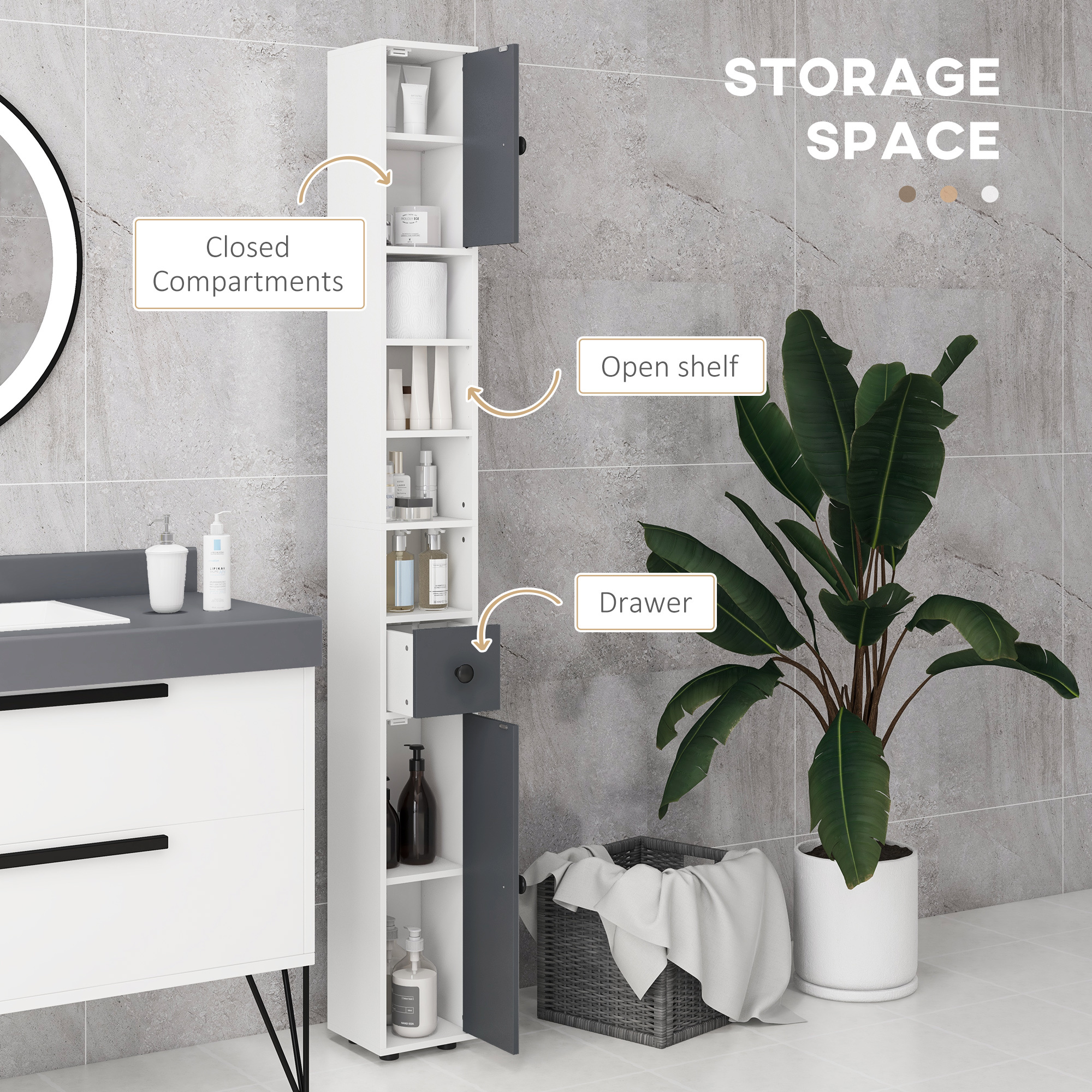 Kleankin 180cm Slim Bathroom Cabinet, With Drawer, Shelves And Cupboards - Grey - Image 3