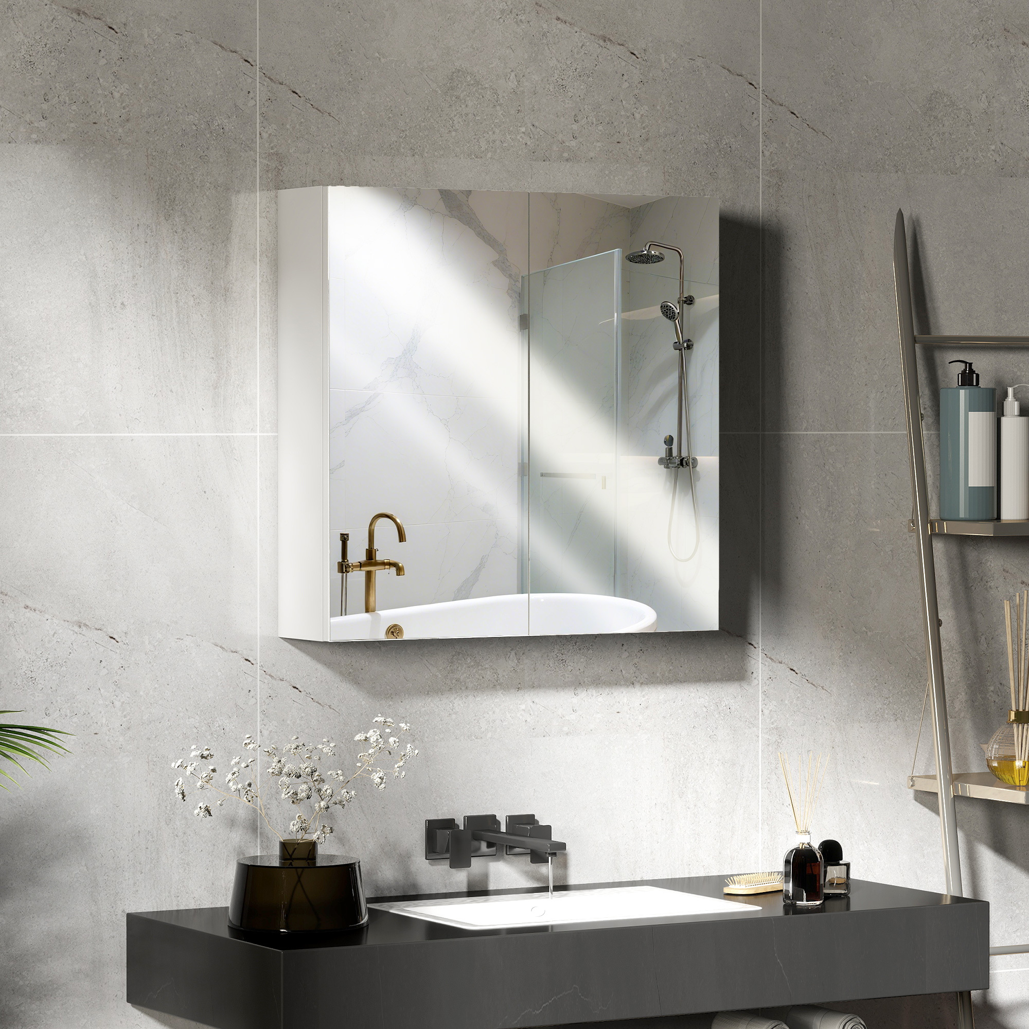 60 X 15 Cm Double Door Bathroom Mirror Cabinet - White - Image 5