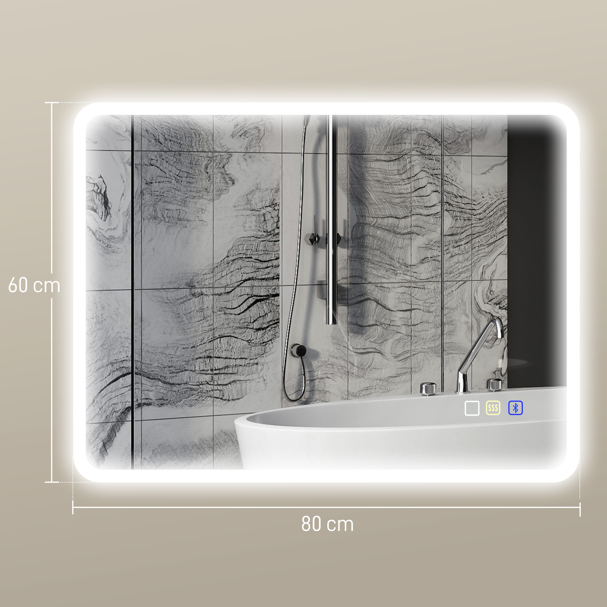 80 X 60cm LED Bathroom Mirror, With Bluetooth - Silver Tone - Image 4