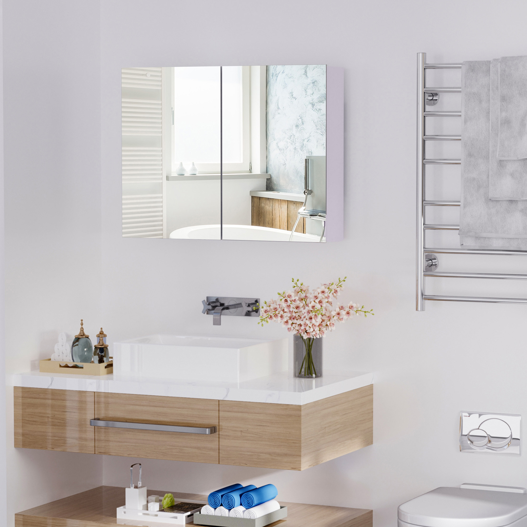80 X 15 Cm Double Door Bathroom Mirror Cabinet - White - Image 5