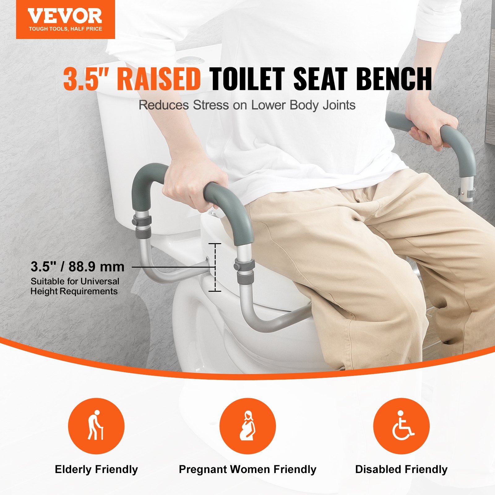 Raised Toilet Seat, Height Increased By 3.5 Inches, Supports Up To 300 Lbs, Suitable For Standard Round Toilets, Aluminum Handles With EVA Pads, Suitable For Elderly, Disabled, Patients, Pregnant Wome - Image 2