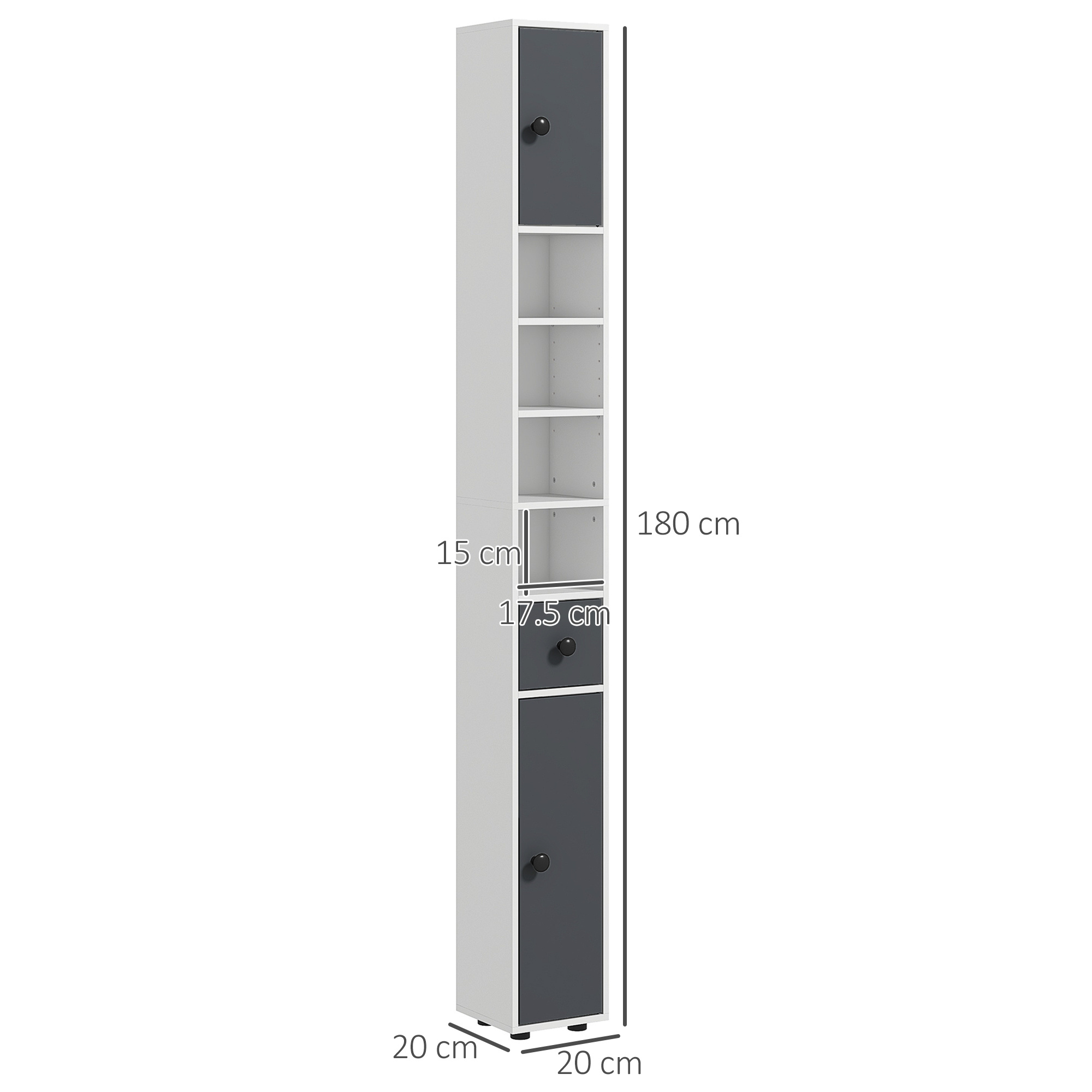 Kleankin 180cm Slim Bathroom Cabinet, With Drawer, Shelves And Cupboards - Grey - Image 2