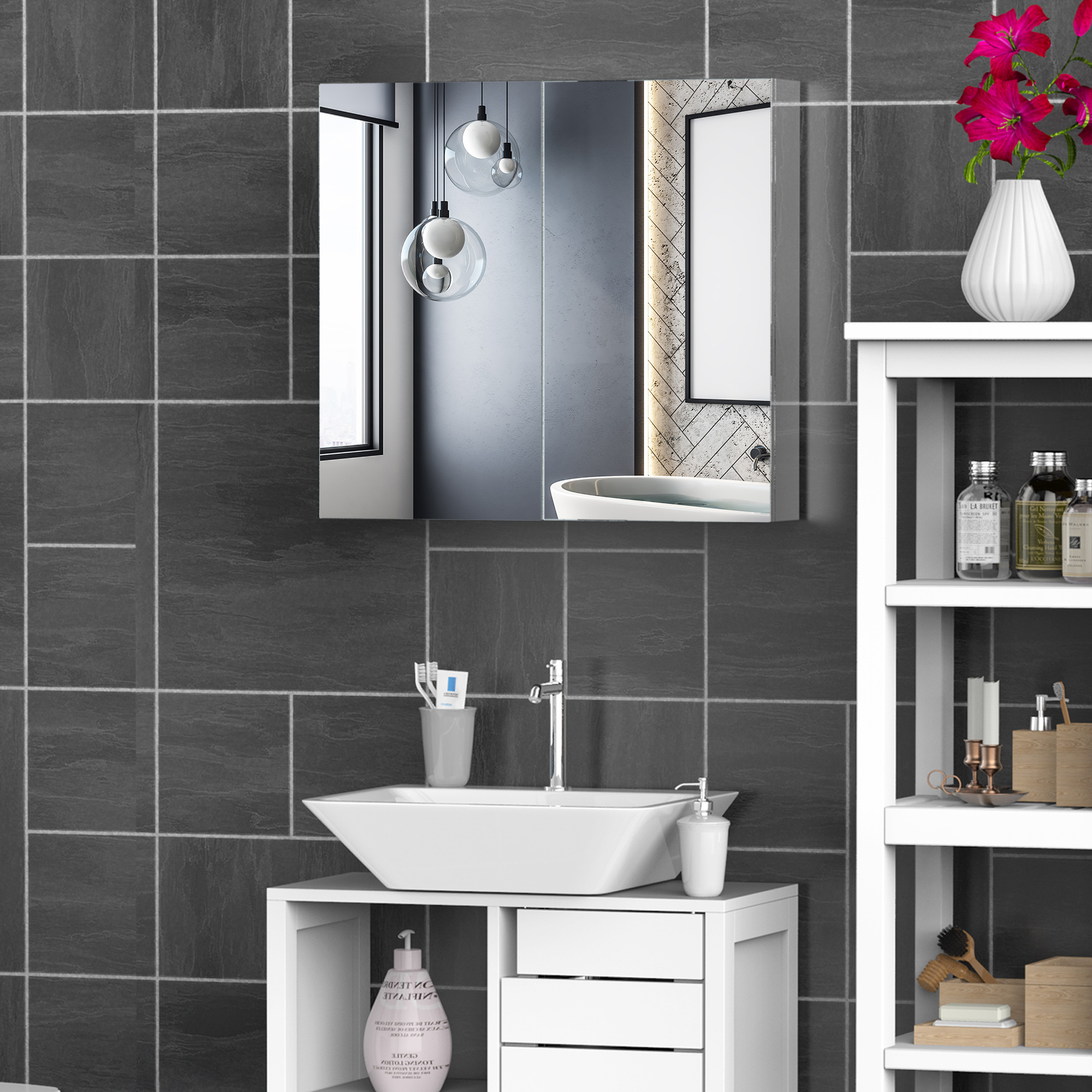 Bathroom Mirror Cabinet, Stainless Steel Wall Mounted Bathroom Storage Cabinet With Double Doors, 60x55cm - Image 4