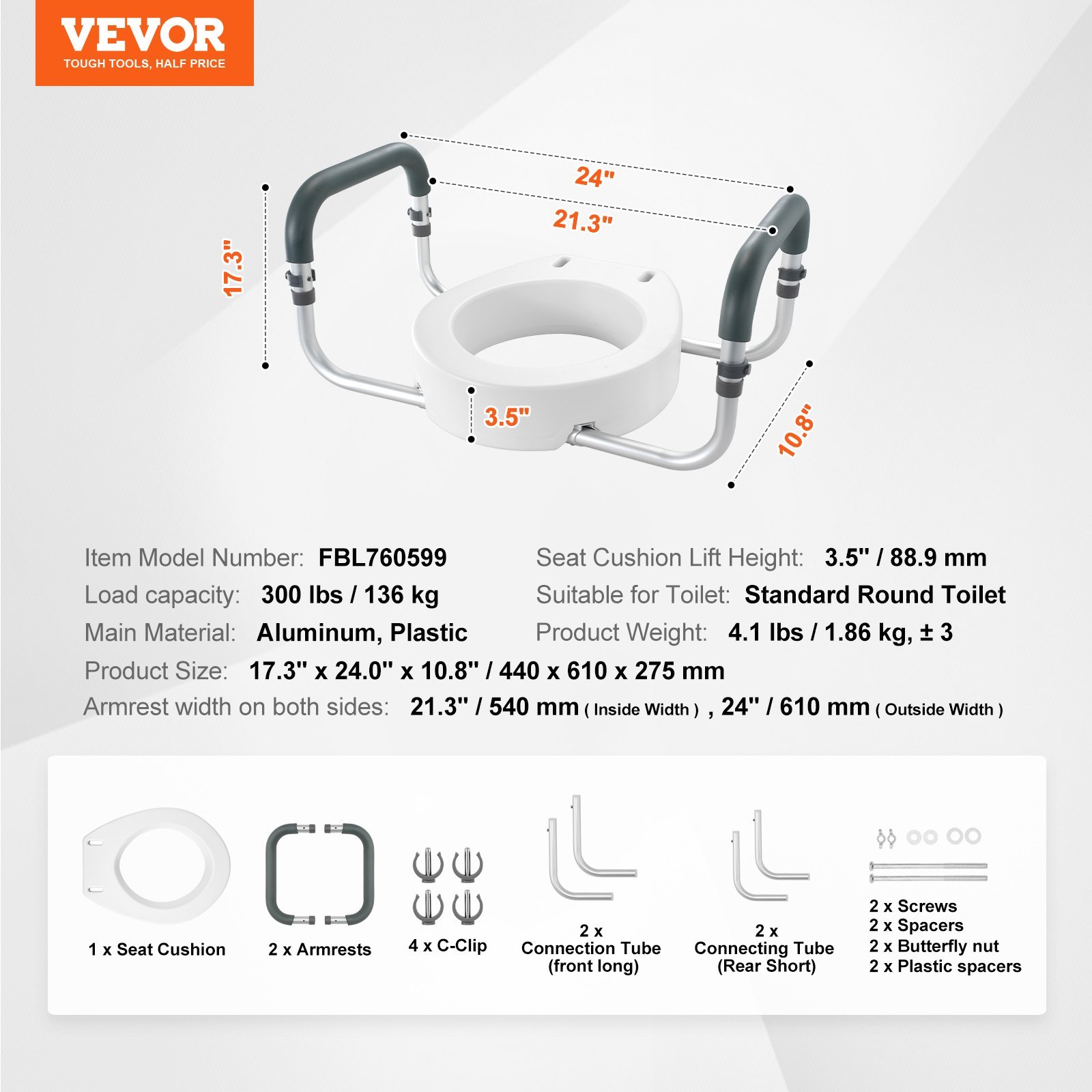 Raised Toilet Seat, Height Increased By 3.5 Inches, Supports Up To 300 Lbs, Suitable For Standard Round Toilets, Aluminum Handles With EVA Pads, Suitable For Elderly, Disabled, Patients, Pregnant Wome - Image 6