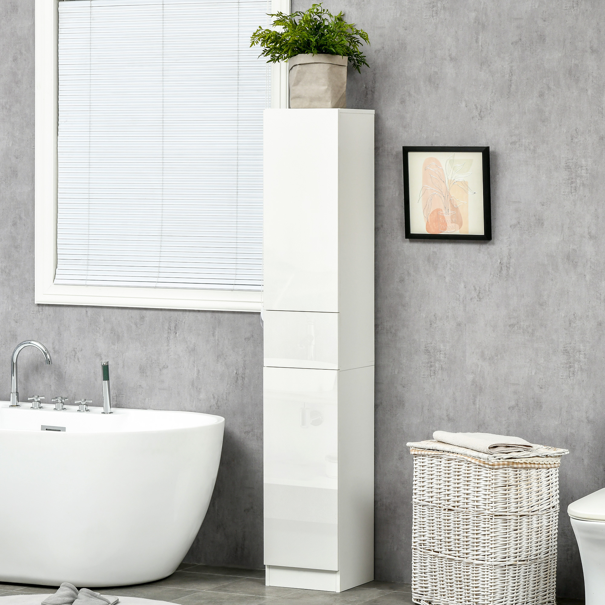 Kleankin Luxury Tall Bathroom Cabinet With High Gloss Panel, Sleek White Bathroom Cabinet With Push-to-Open Door, White - Image 5