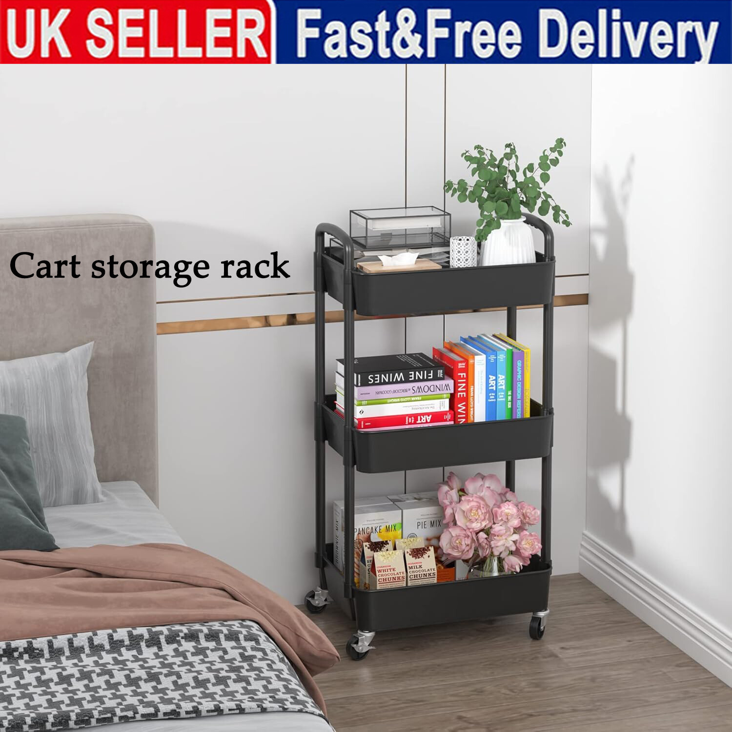 3Tier Rolling Cart Storage Trolley Kitchen Bathroom Laundry Organiser Rack Black - Image 9