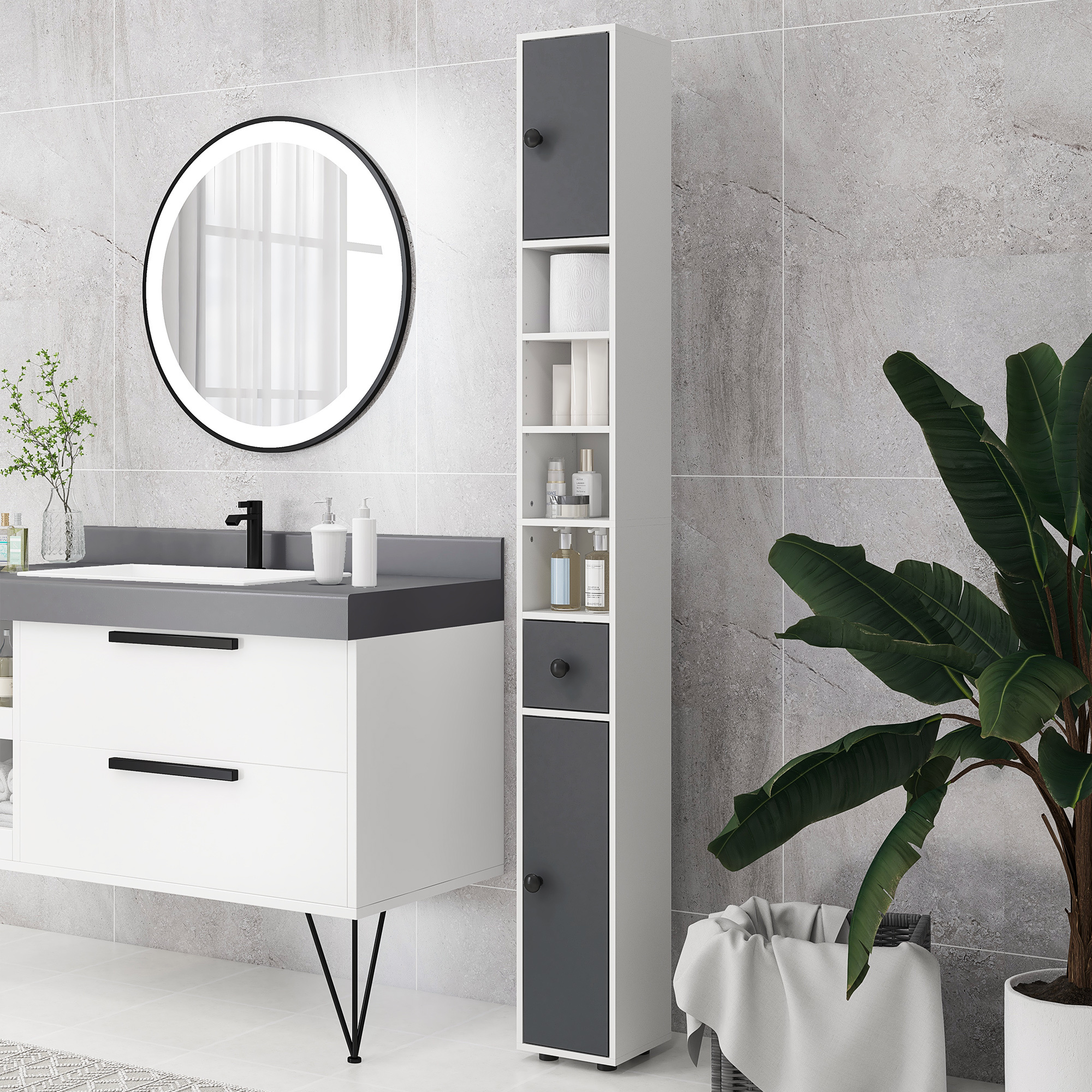 Kleankin 180cm Slim Bathroom Cabinet, With Drawer, Shelves And Cupboards - Grey - Image 5