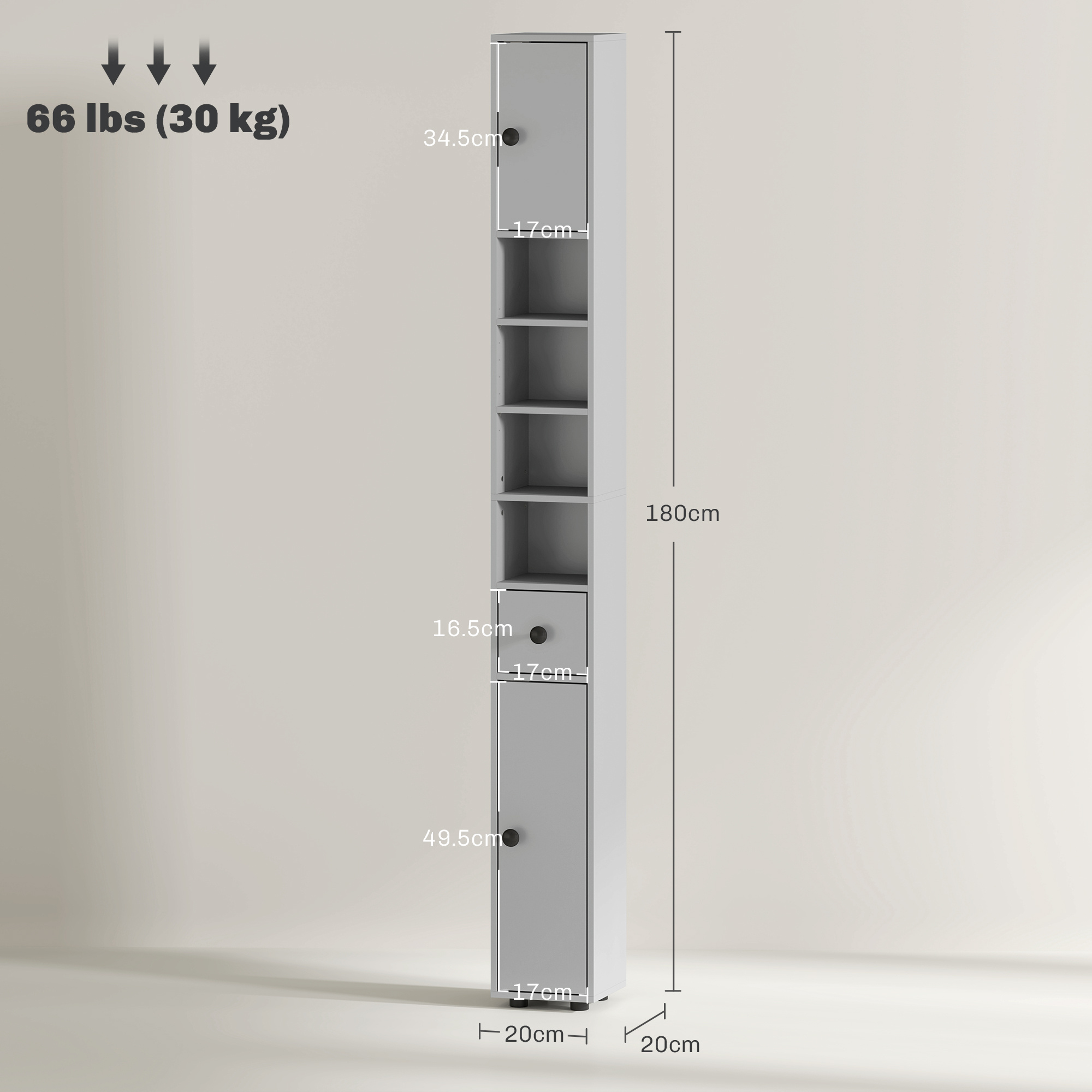 Kleankin 180cm Slim Bathroom Cabinet, With Drawer, Shelves And Cupboards - Grey - Image 2