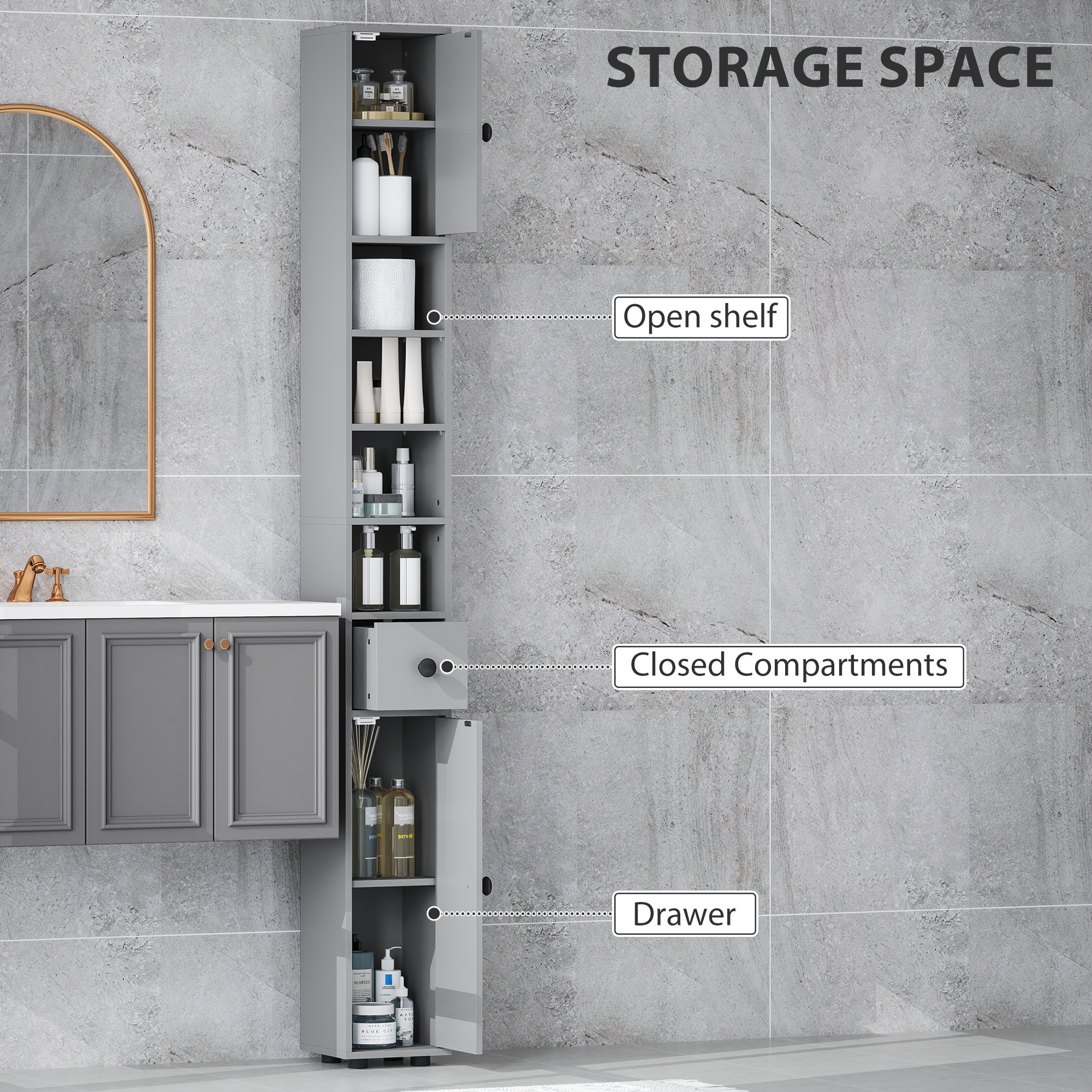 Kleankin 180cm Slim Bathroom Cabinet, With Drawer, Shelves And Cupboards - Grey - Image 5