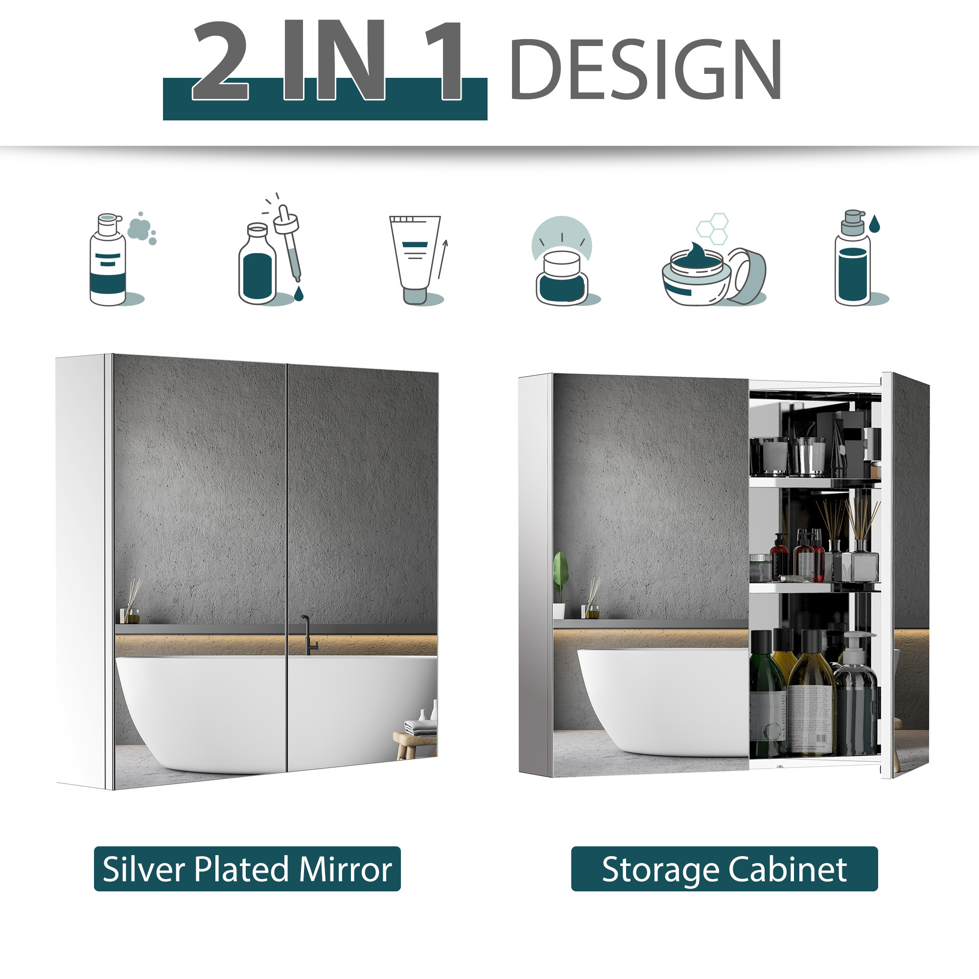 Bathroom Mirror Cabinet, Stainless Steel Wall Mounted Bathroom Storage Cabinet With Double Doors, 60x55cm - Image 2