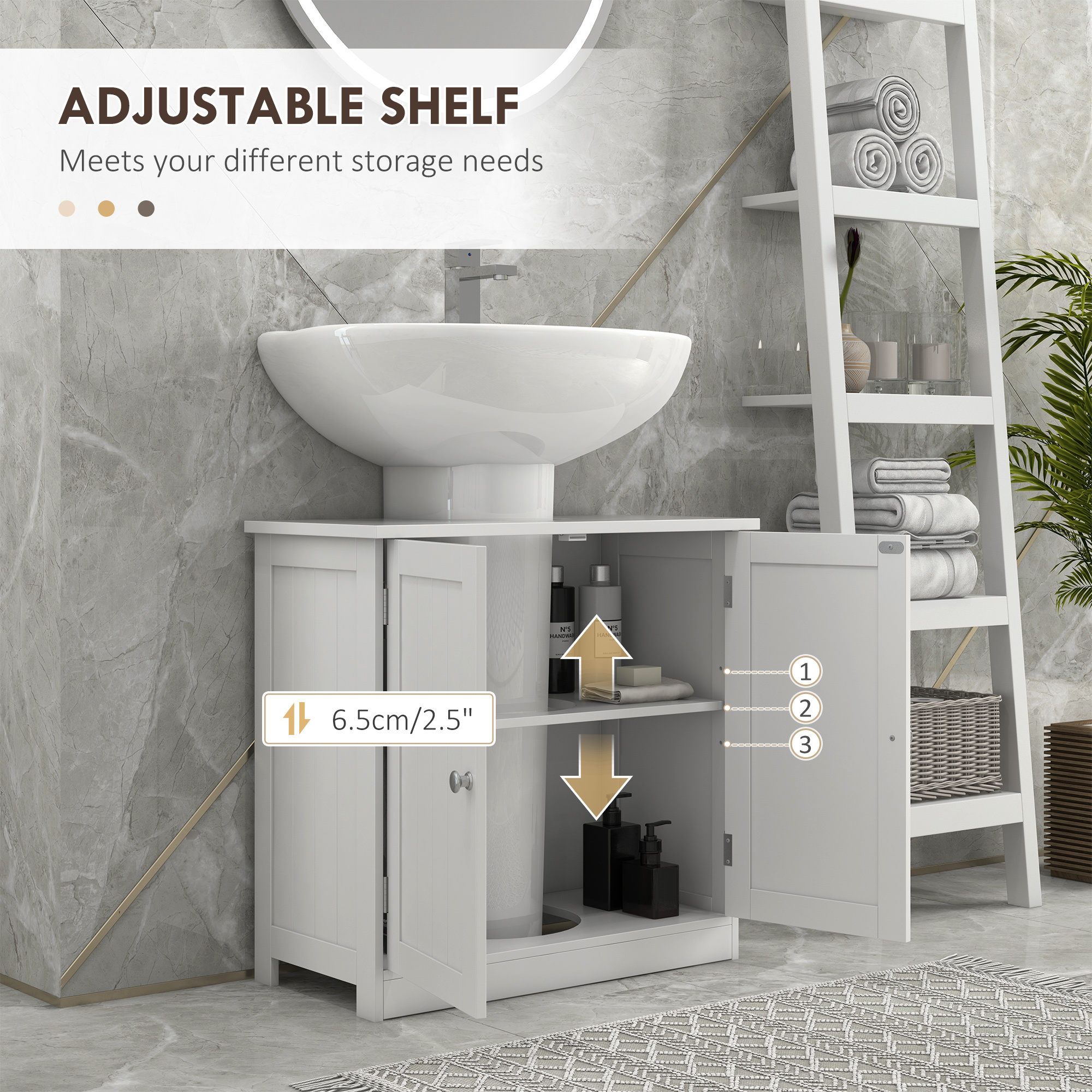 Under Sink Bathroom Storage Cabinet 2 Layers Vanity Unit Wooden - White - Image 5