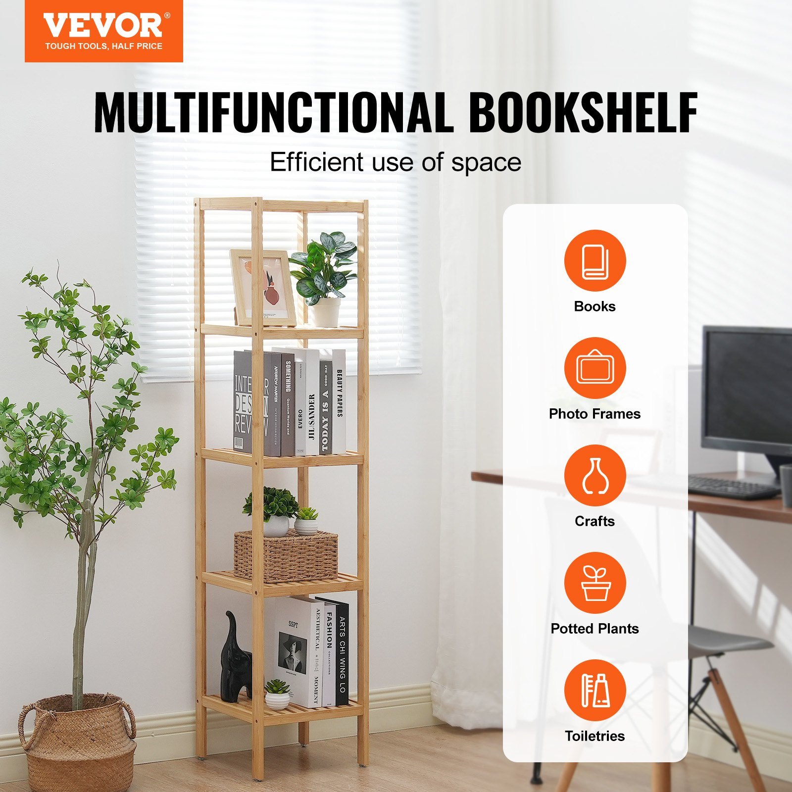 5-Tier Bathroom Standing Shelf, Narrow Shelving Unit, Display Storage Rack Organizer, Freestanding Flower Plant Stand, Multifunctional Bamboo Shelf Ideal For BathRoom, Kitchen, Home, Natural - Image 5