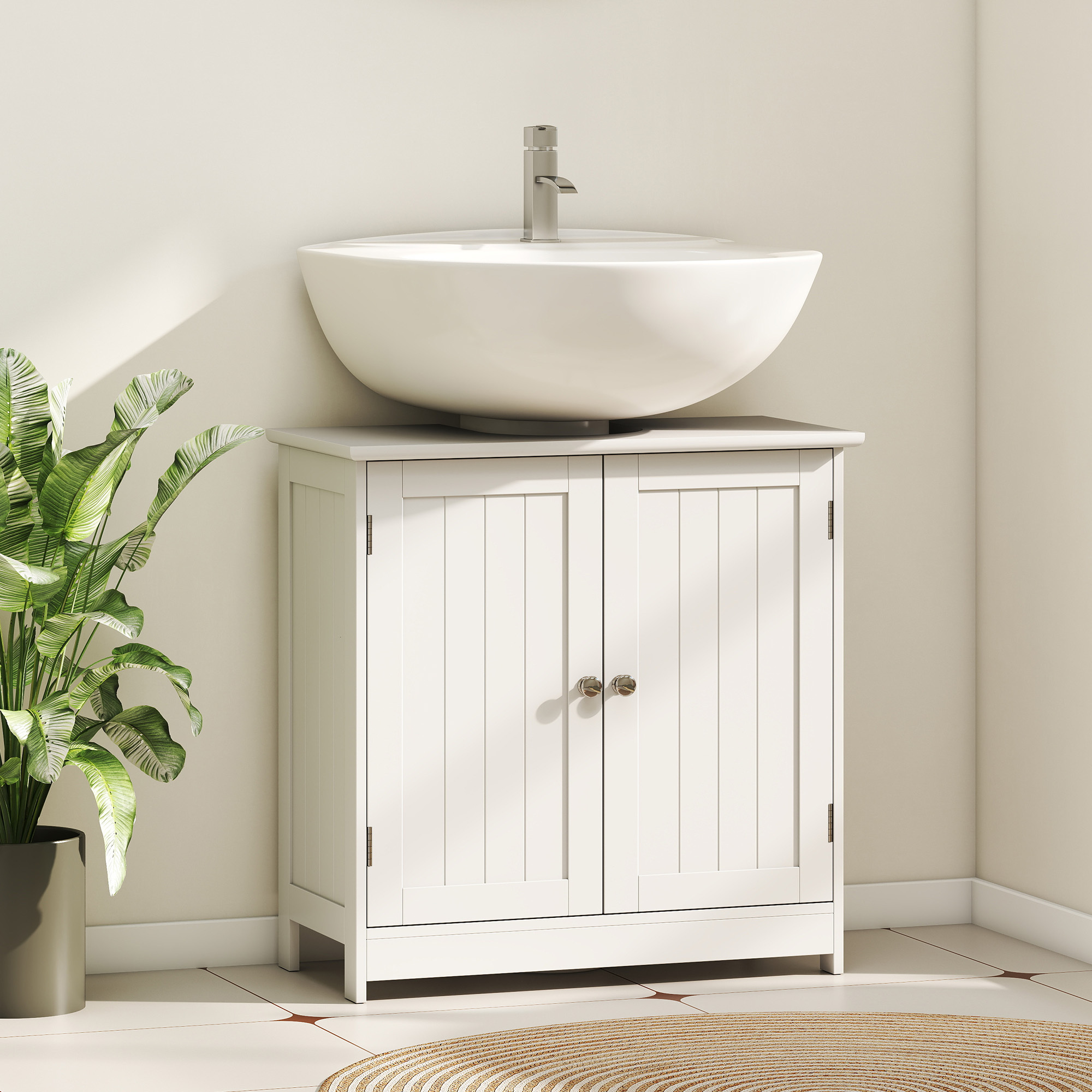 Under Sink Bathroom Storage Cabinet 2 Layers Vanity Unit Wooden - White - Image 2