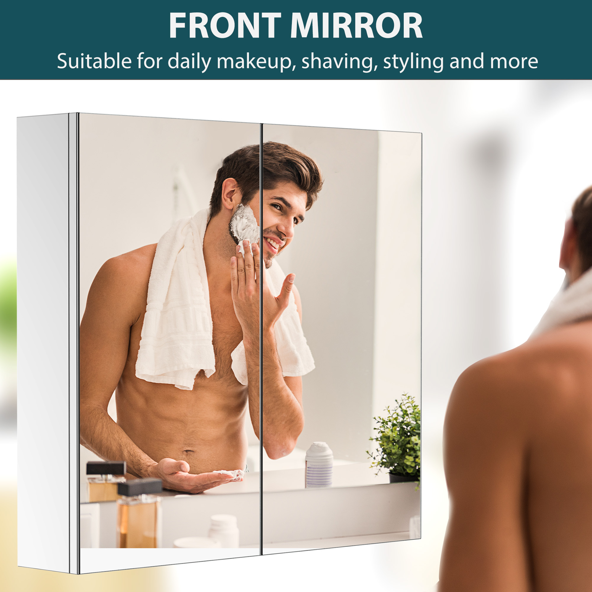 Bathroom Mirror Cabinet, Stainless Steel Wall Mounted Bathroom Storage Cabinet With Double Doors, 60x55cm - Image 3