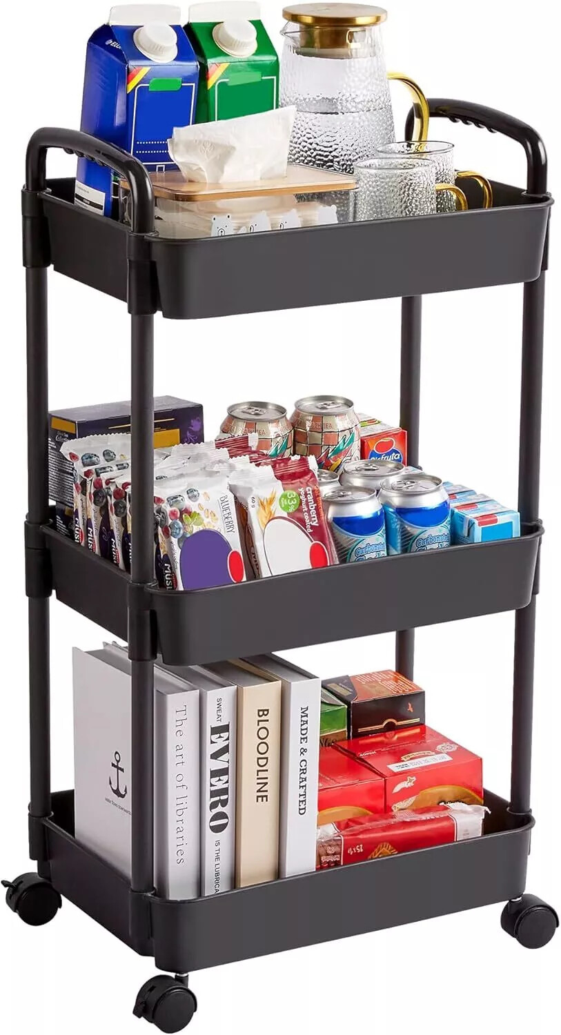 3Tier Rolling Cart Storage Trolley Kitchen Bathroom Laundry Organiser Rack Black - Image 3
