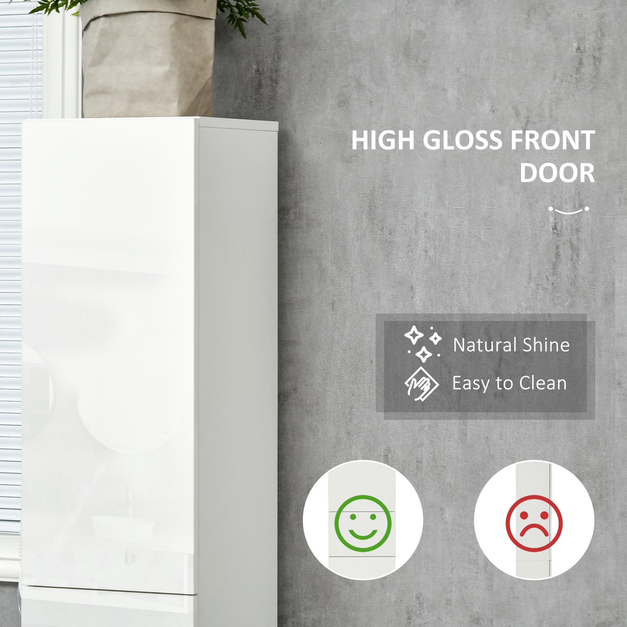 Kleankin Luxury Tall Bathroom Cabinet With High Gloss Panel, Sleek White Bathroom Cabinet With Push-to-Open Door, White - Image 2