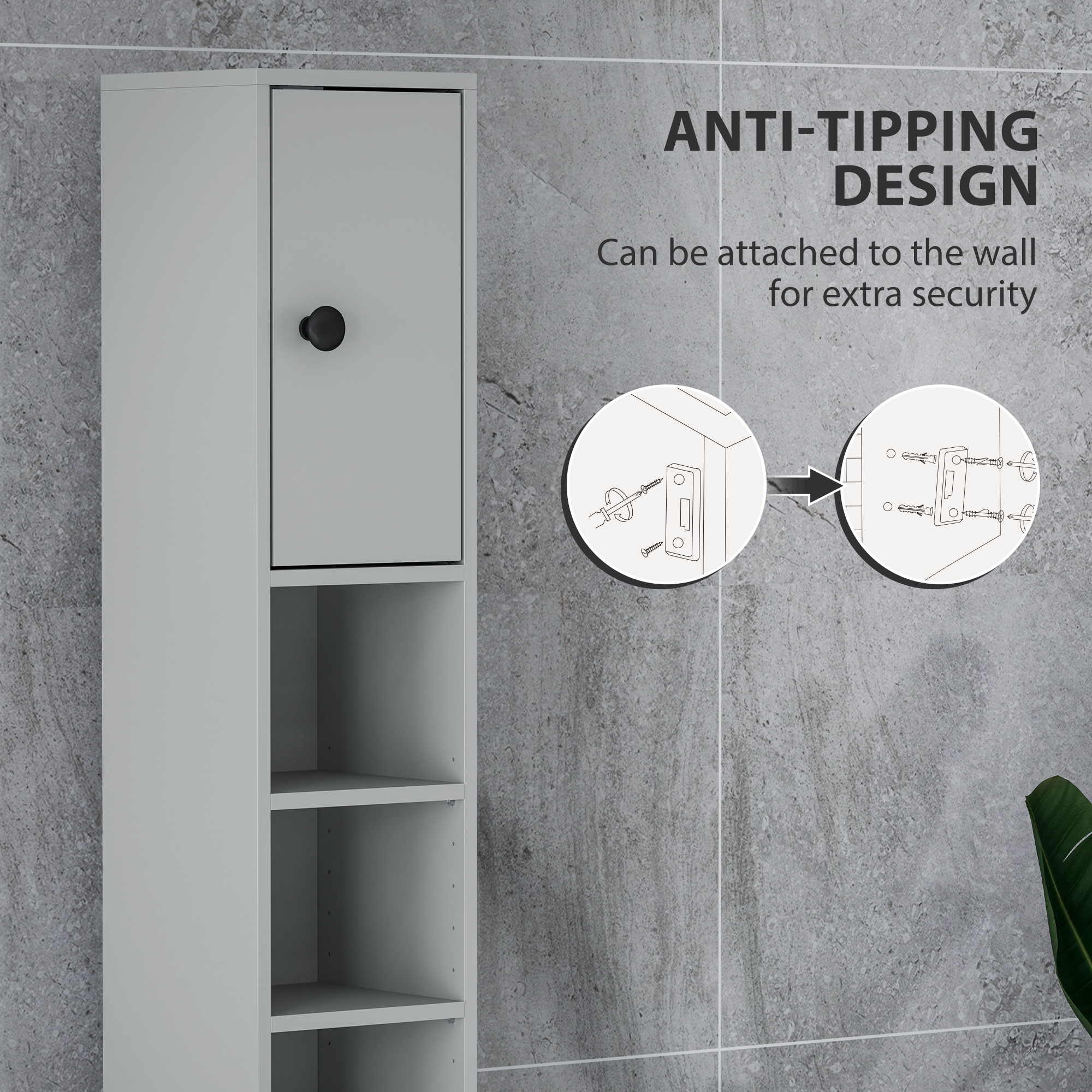 Kleankin 180cm Slim Bathroom Cabinet, With Drawer, Shelves And Cupboards - Grey - Image 4