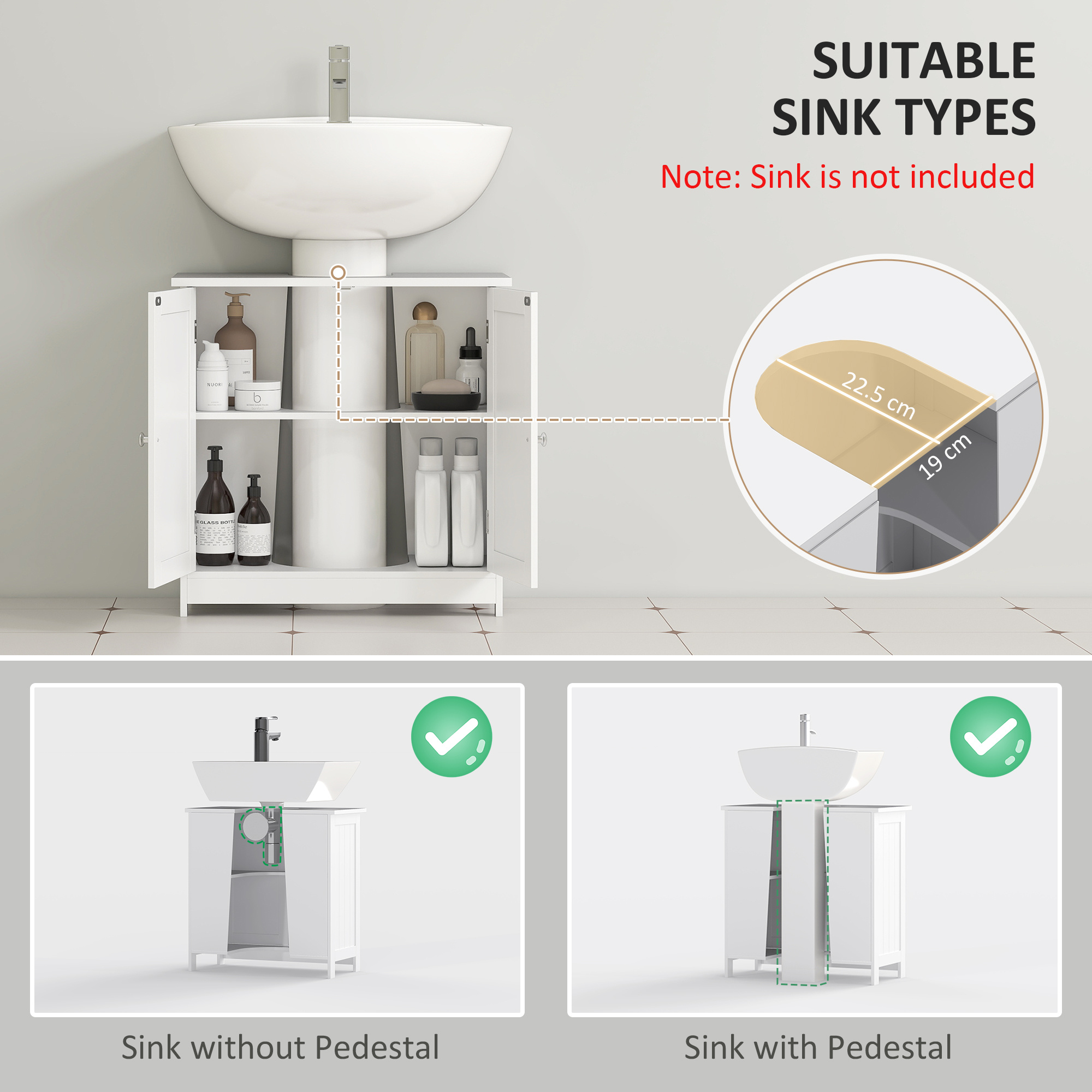 Under Sink Bathroom Storage Cabinet 2 Layers Vanity Unit Wooden - White - Image 4