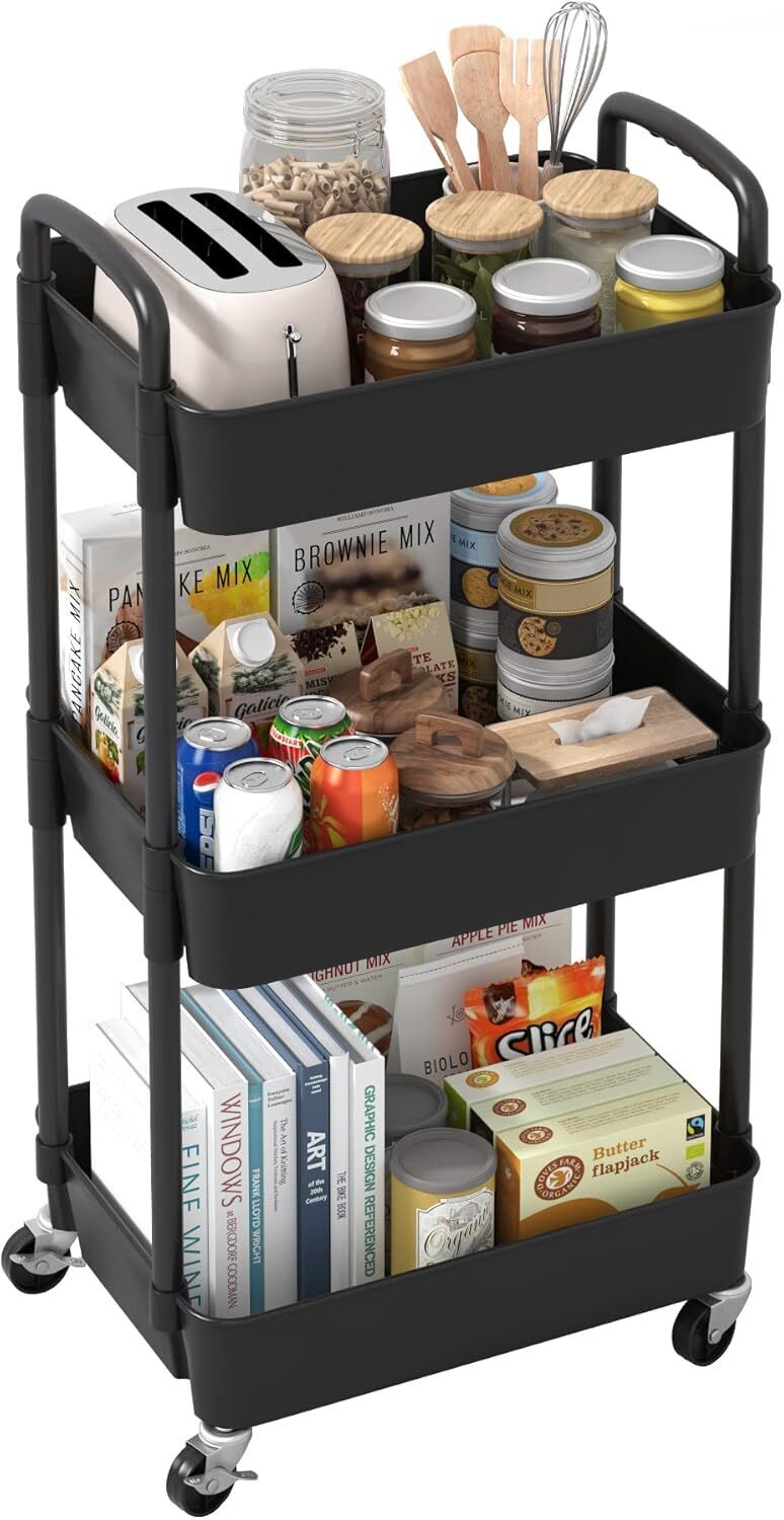 3Tier Rolling Cart Storage Trolley Kitchen Bathroom Laundry Organiser Rack Black - Image 2