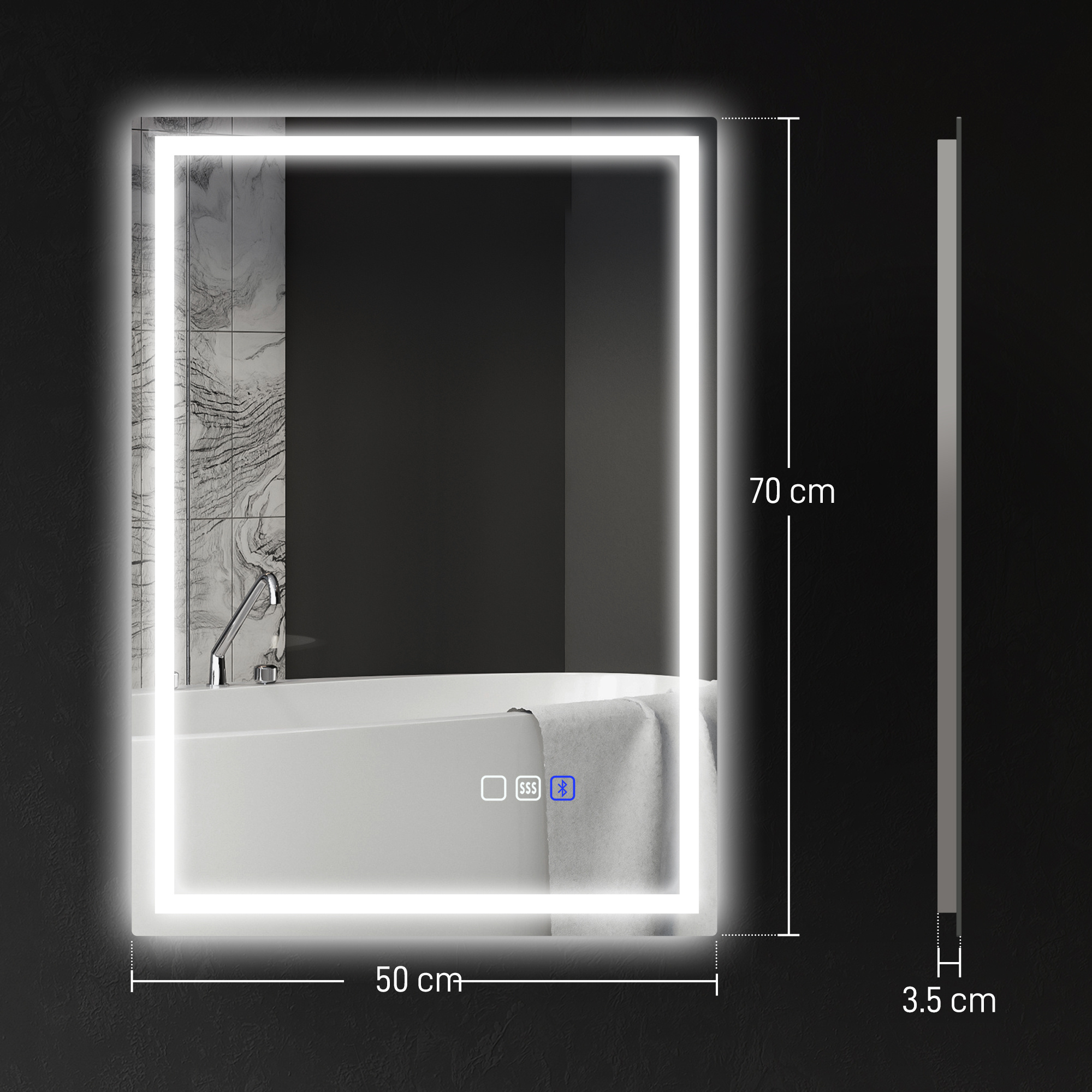 70 X 50 Cm Bluetooth Bathroom Mirror - Silver-Tone - Image 4