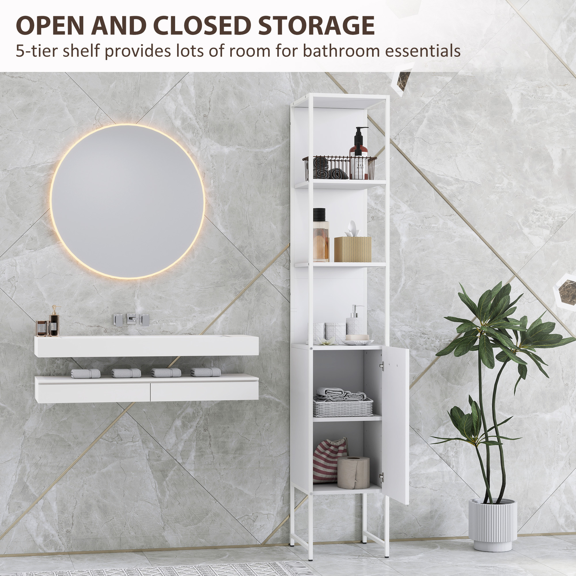 Tall Bathroom Cabinet With Open Shelves And Adjustable Shelf - White - Image 4