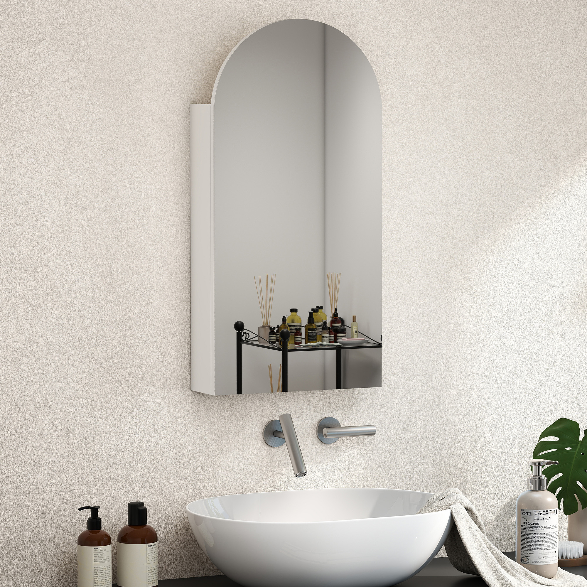 Arched Bathroom Mirror Cabinet With Adjustable Glass Shelves - White - Image 2