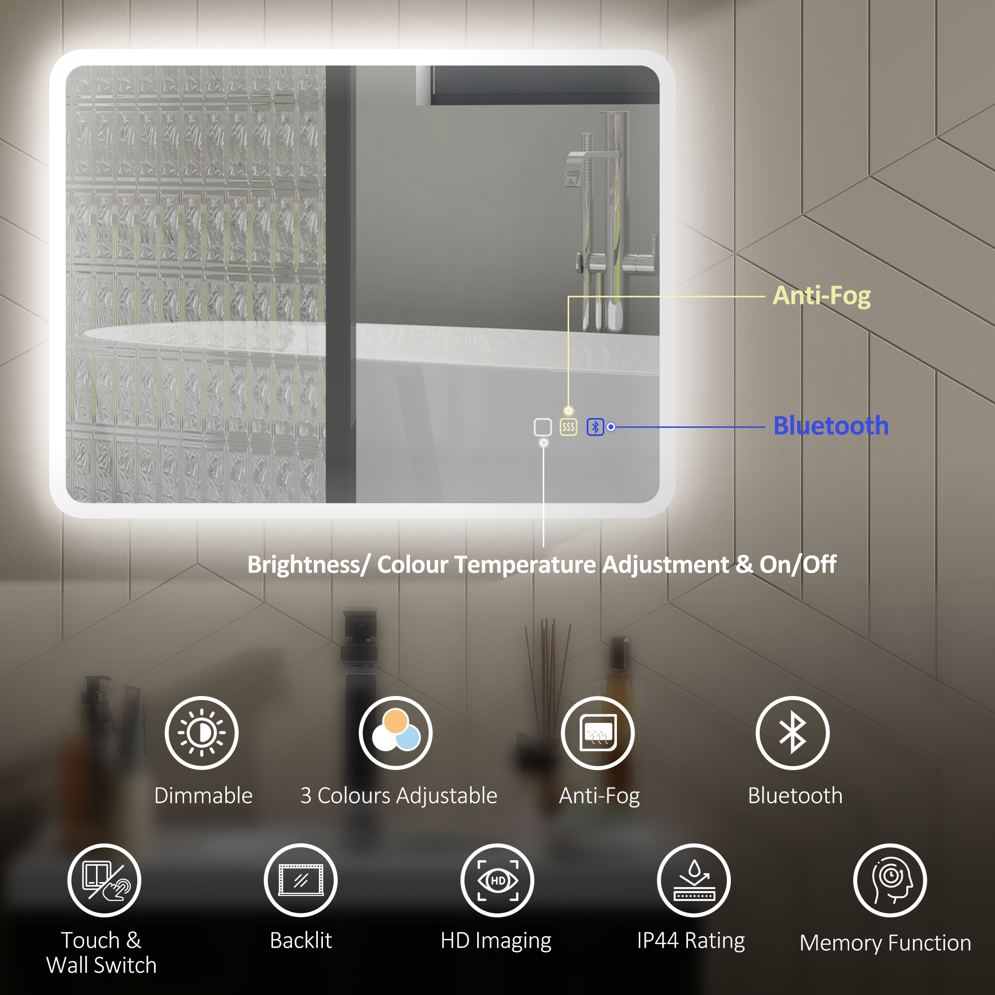 80 X 60cm LED Bathroom Mirror, With Bluetooth - Silver Tone - Image 5