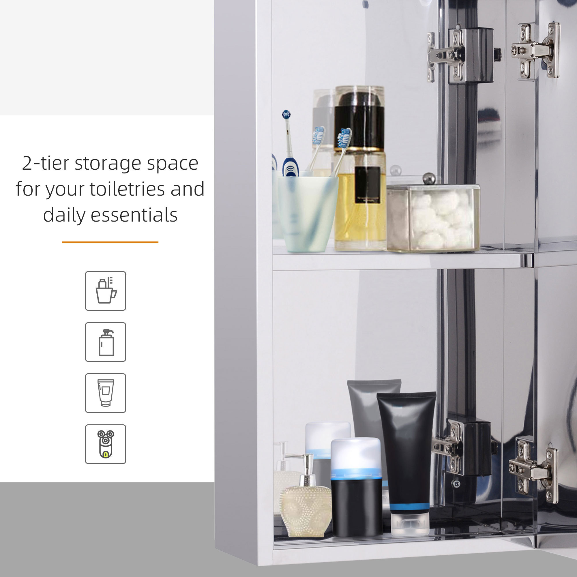 Stainless Steel Wall-mounted Bathroom Mirror Storage Cabinet 300mm W - Image 3