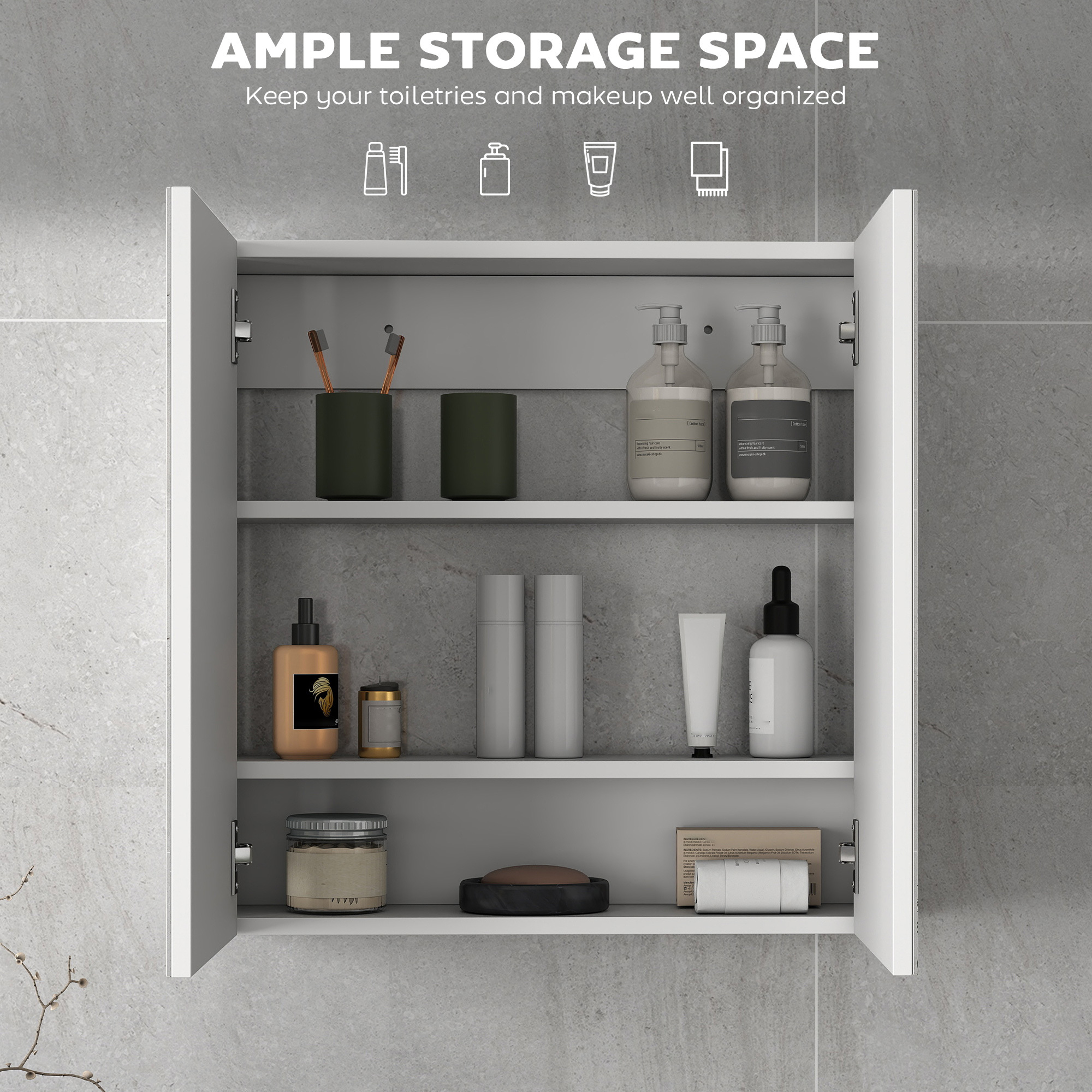 60 X 15 Cm Double Door Bathroom Mirror Cabinet - White - Image 3
