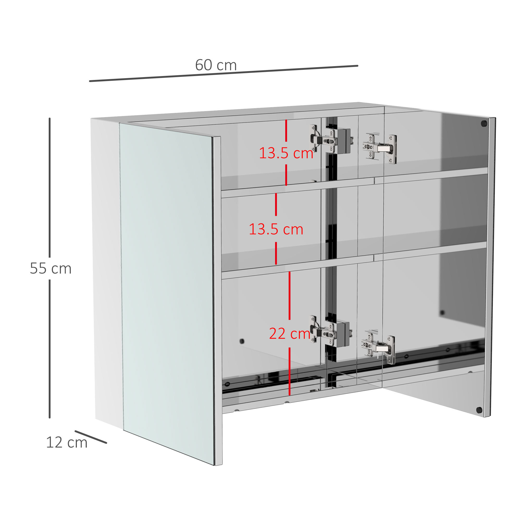 Bathroom Mirror Cabinet, Stainless Steel Wall Mounted Bathroom Storage Cabinet With Double Doors, 60x55cm - Image 5