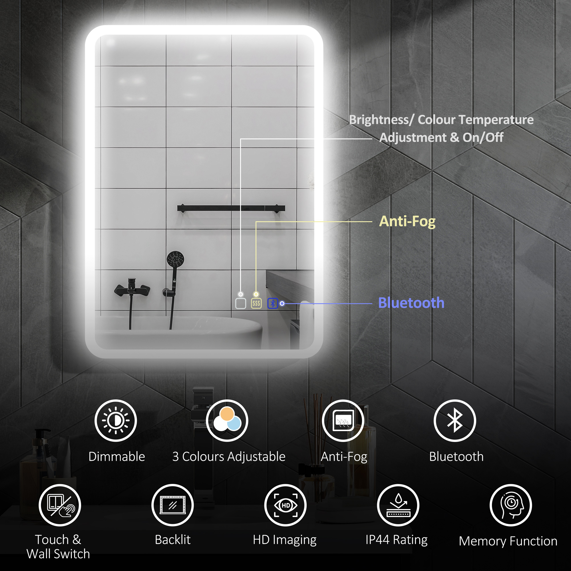 70 X 50cm LED Bathroom Mirror, With Bluetooth - Silver Tone - Image 4