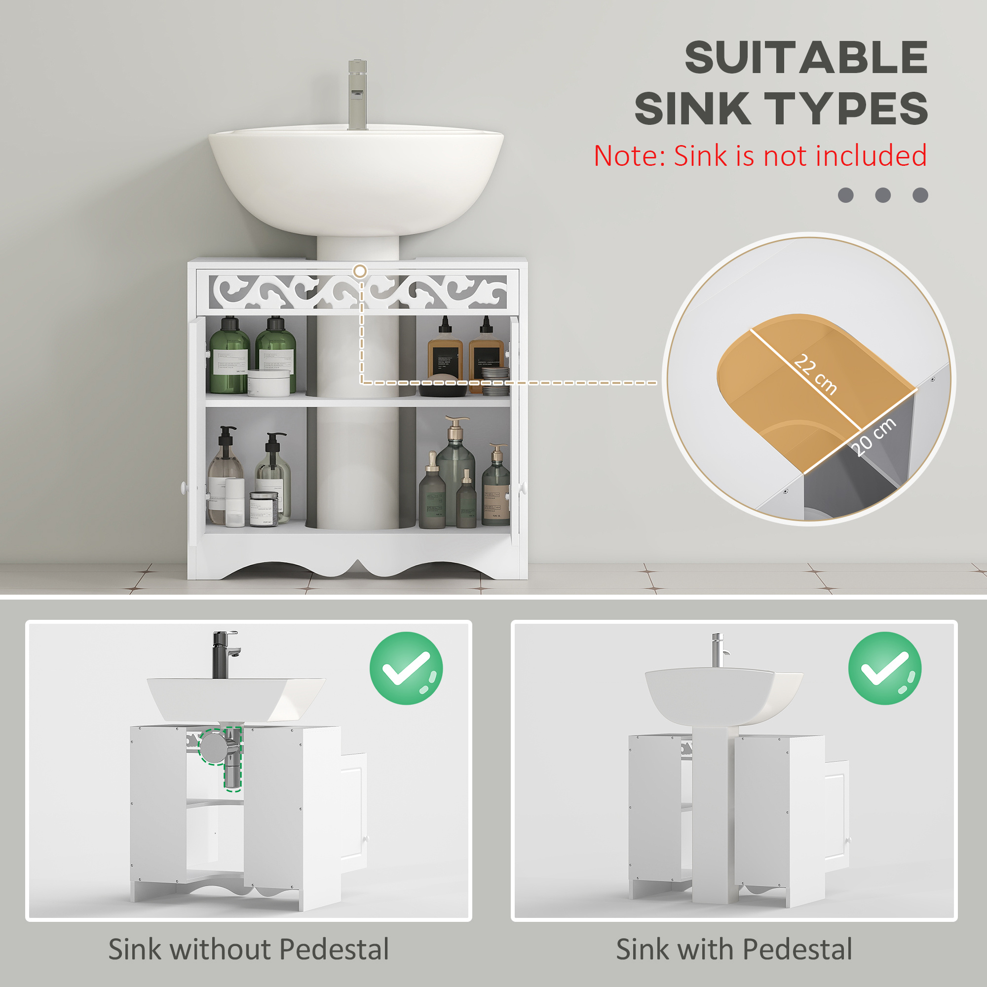 Bathroom Under Sink Storage Cabinet 2 Door Wooden Cupboard Vanity Units - Image 4