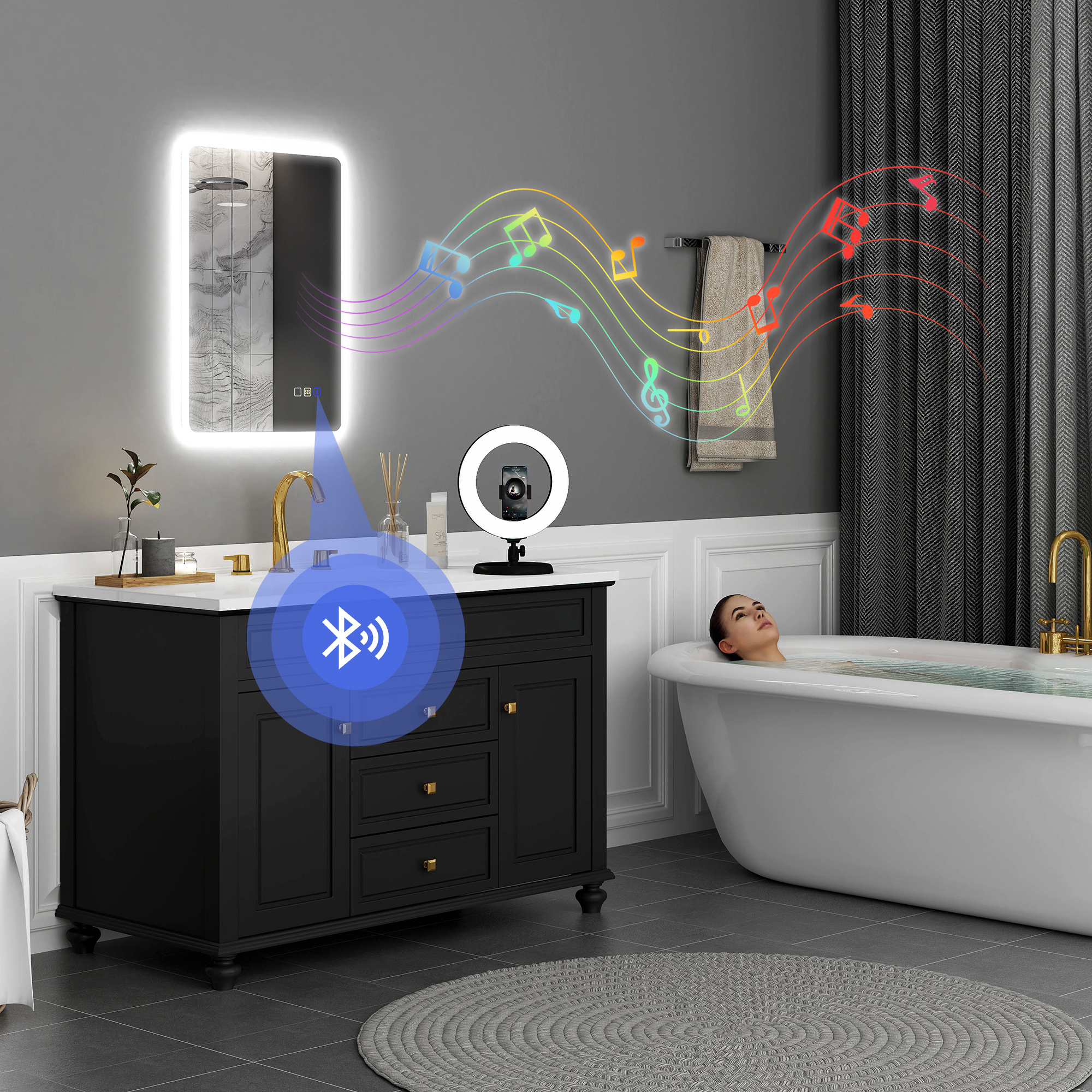 70 X 50cm LED Bathroom Mirror, With Bluetooth - Silver Tone - Image 3