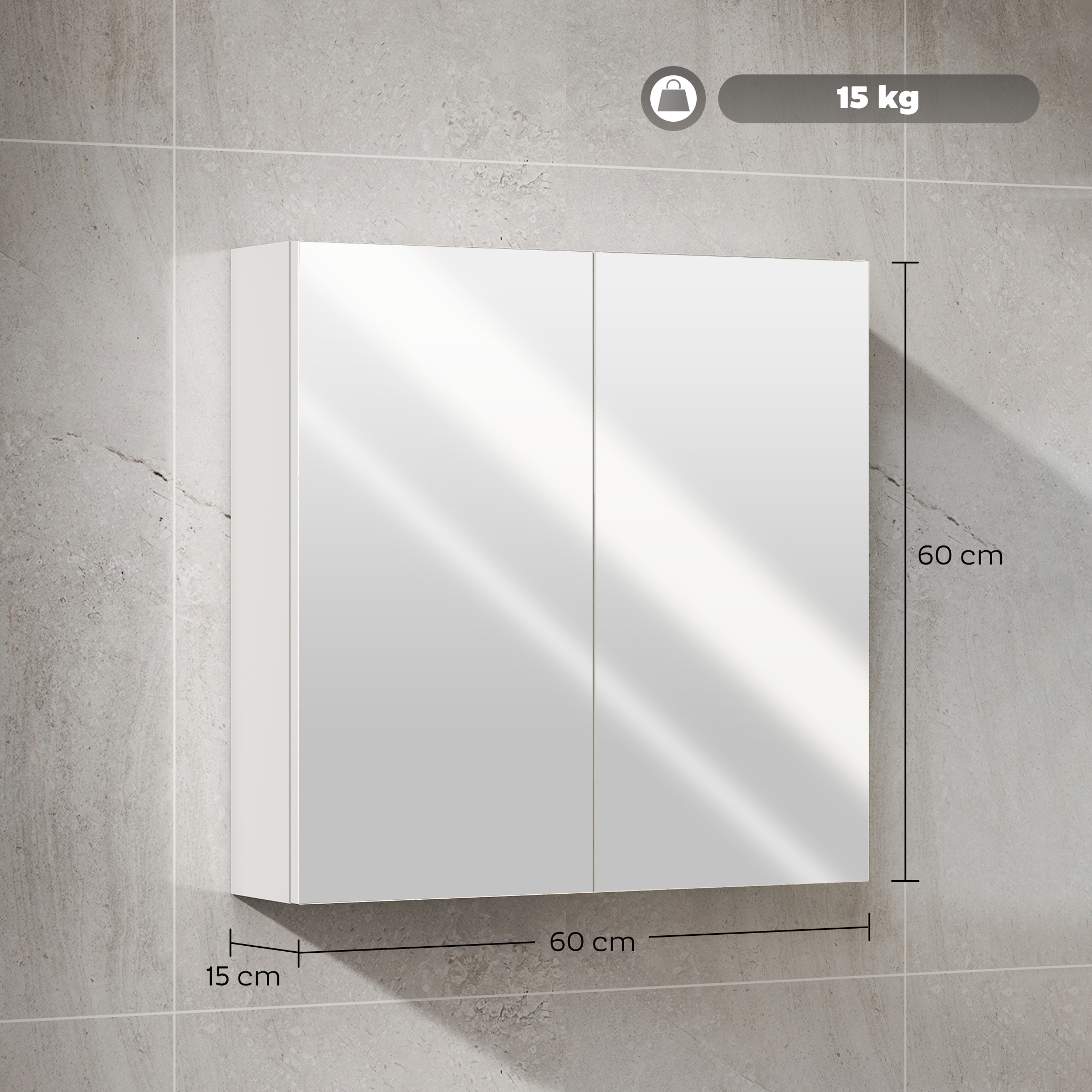 60 X 15 Cm Double Door Bathroom Mirror Cabinet - White - Image 2