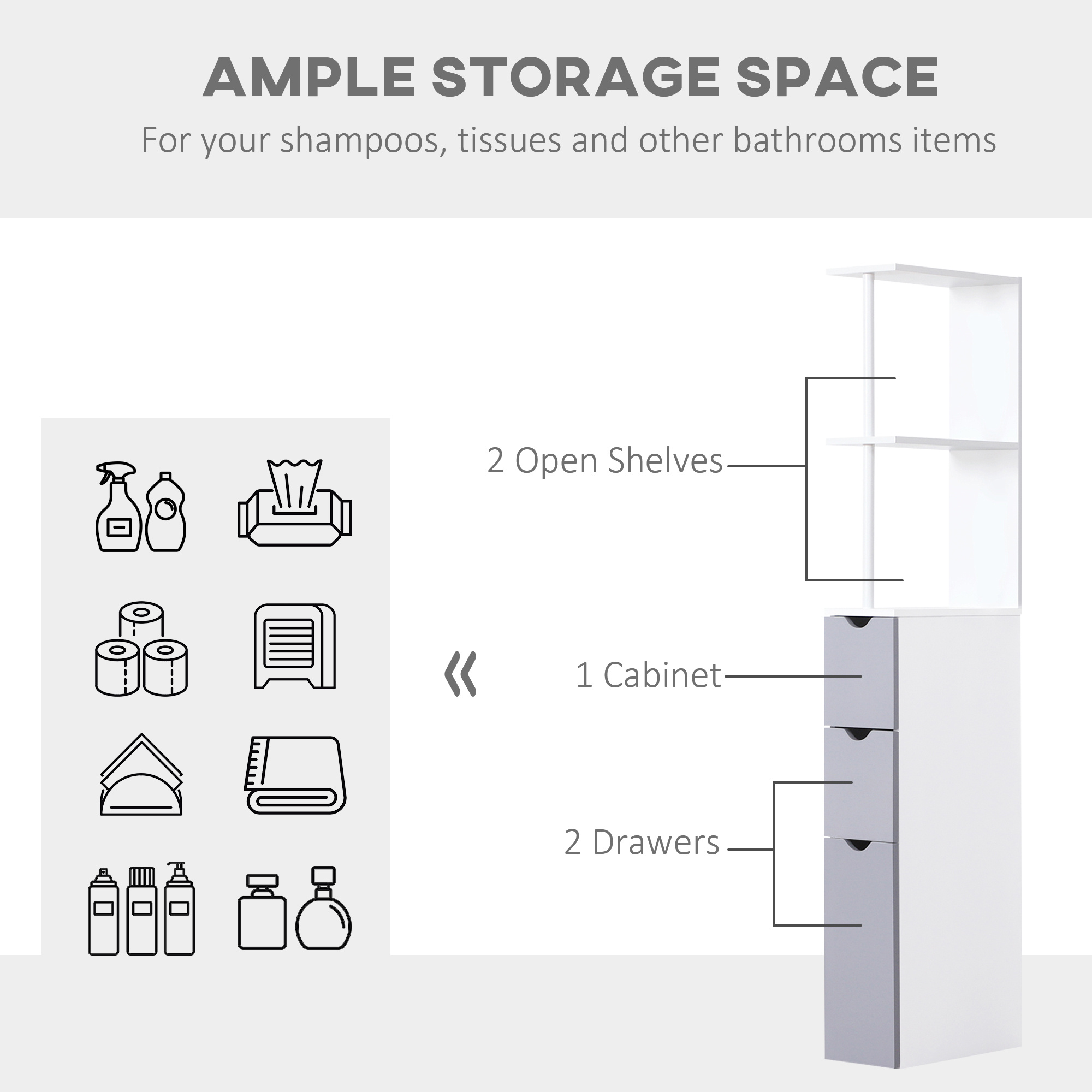 Tall Bathroom Cabinet, Freestanding Bathroom Storage Cabinet With 2-Tier Shelf And Drawers, Narrow Cupboard Storage Unit, White, Grey - Image 2