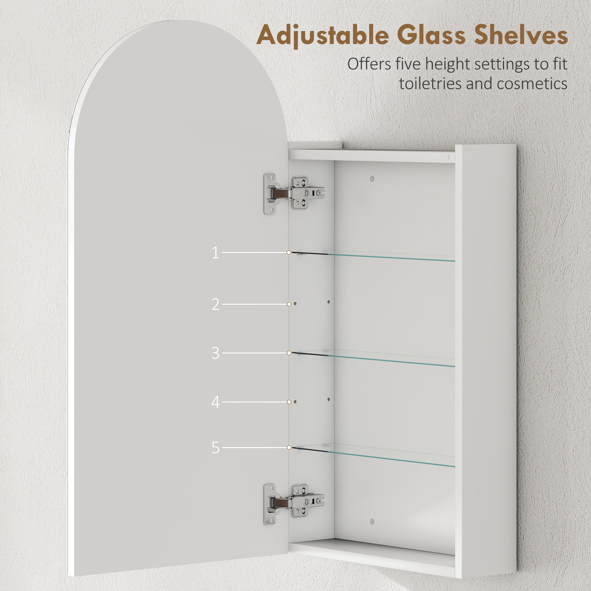 Arched Bathroom Mirror Cabinet With Adjustable Glass Shelves - White - Image 4