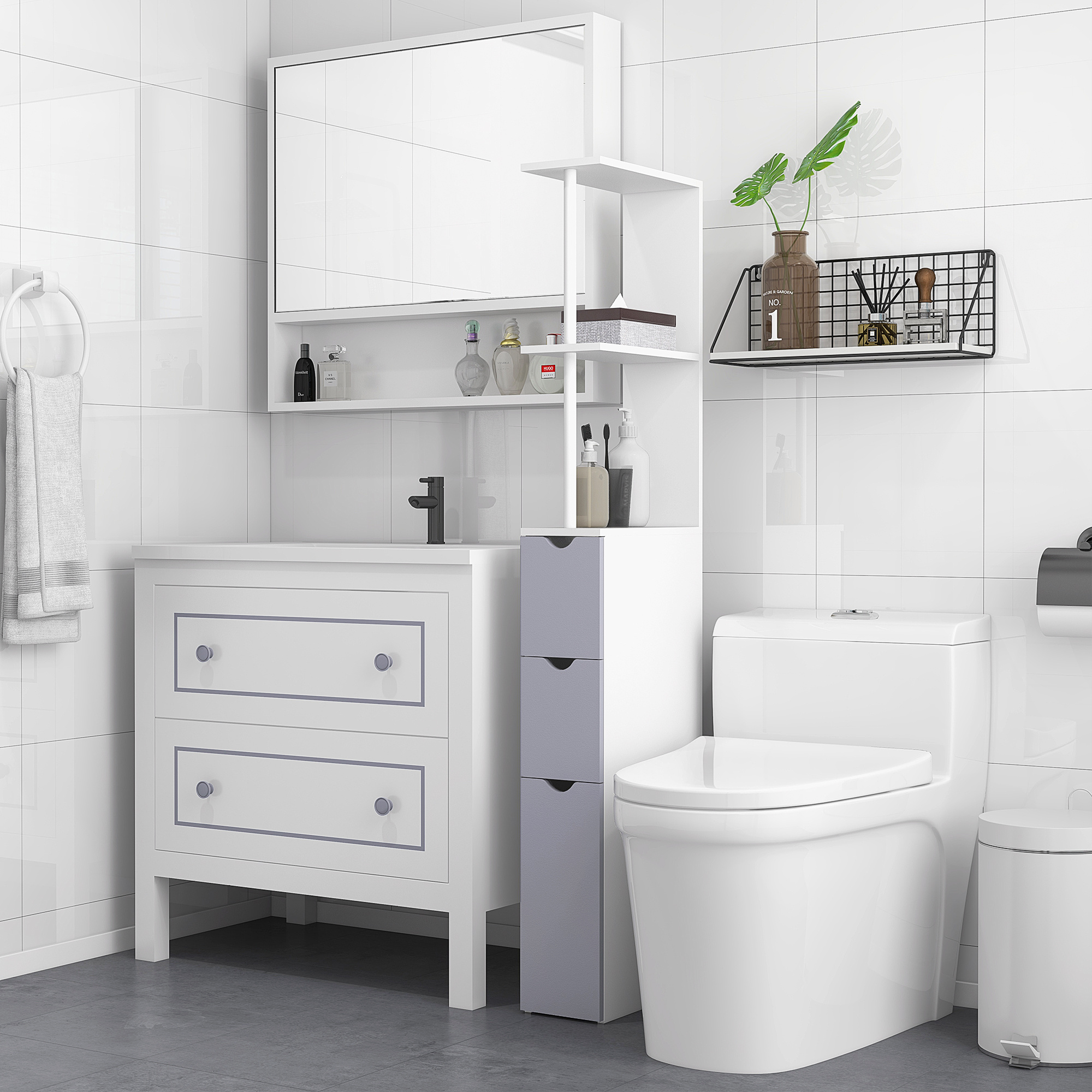 Tall Bathroom Cabinet, Freestanding Bathroom Storage Cabinet With 2-Tier Shelf And Drawers, Narrow Cupboard Storage Unit, White, Grey - Image 3