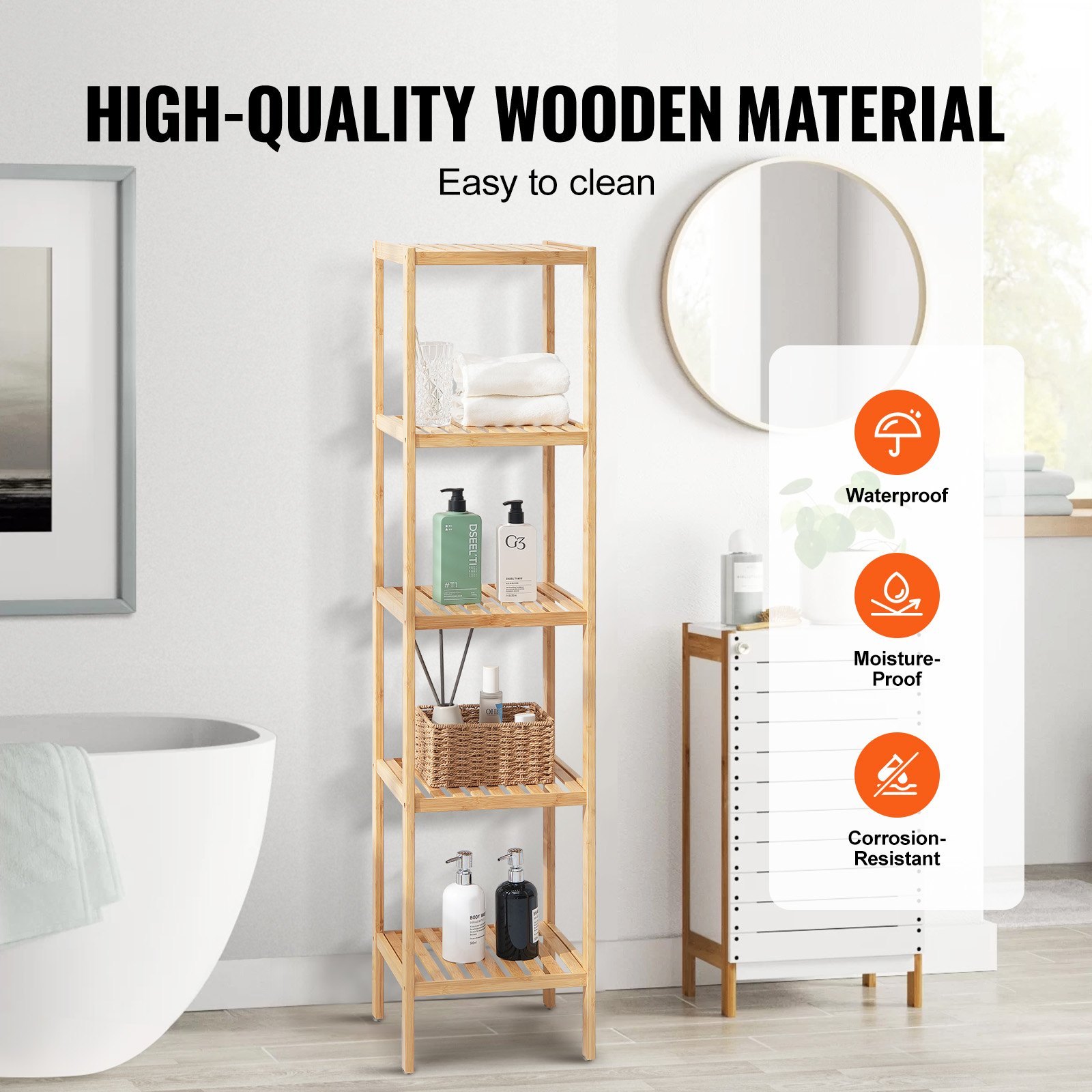 5-Tier Bathroom Standing Shelf, Narrow Shelving Unit, Display Storage Rack Organizer, Freestanding Flower Plant Stand, Multifunctional Bamboo Shelf Ideal For BathRoom, Kitchen, Home, Natural - Image 3