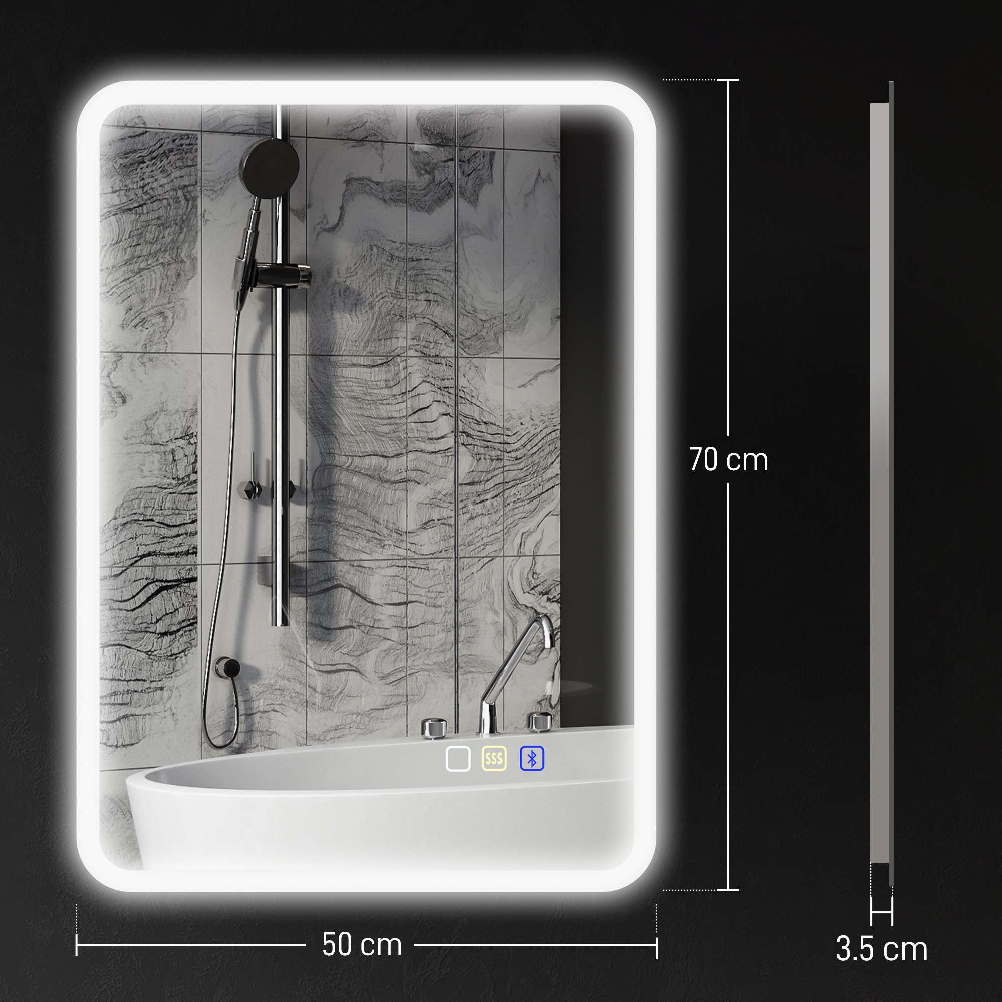 70 X 50cm LED Bathroom Mirror, With Bluetooth - Silver Tone - Image 2