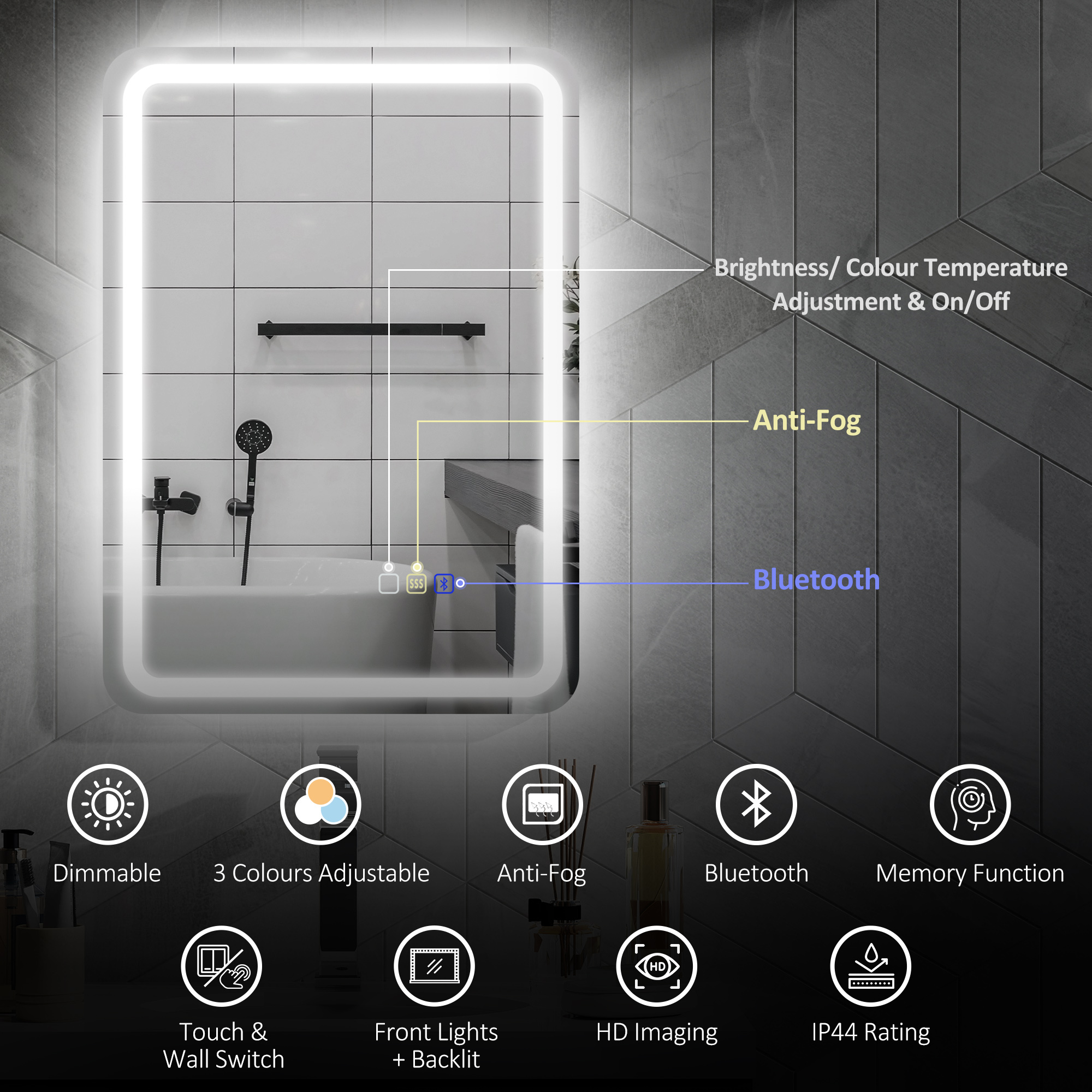 70 X 50 Cm Bluetooth Bathroom Mirror - Silver-Tone - Image 5