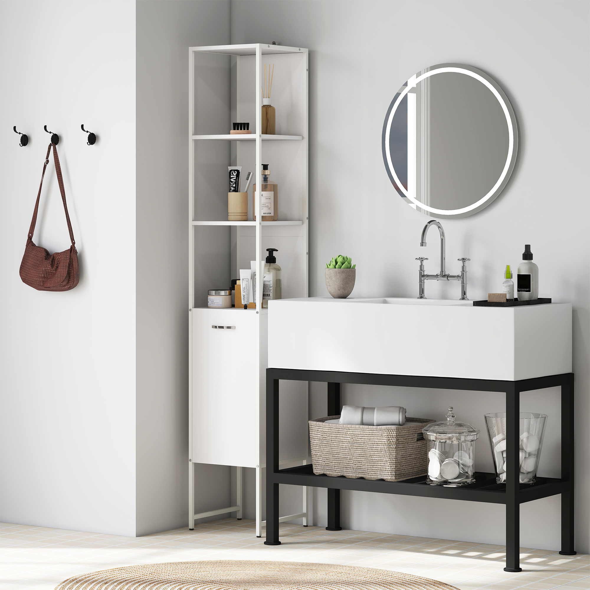 Tall Bathroom Cabinet With Open Shelves And Adjustable Shelf - White - Image 5
